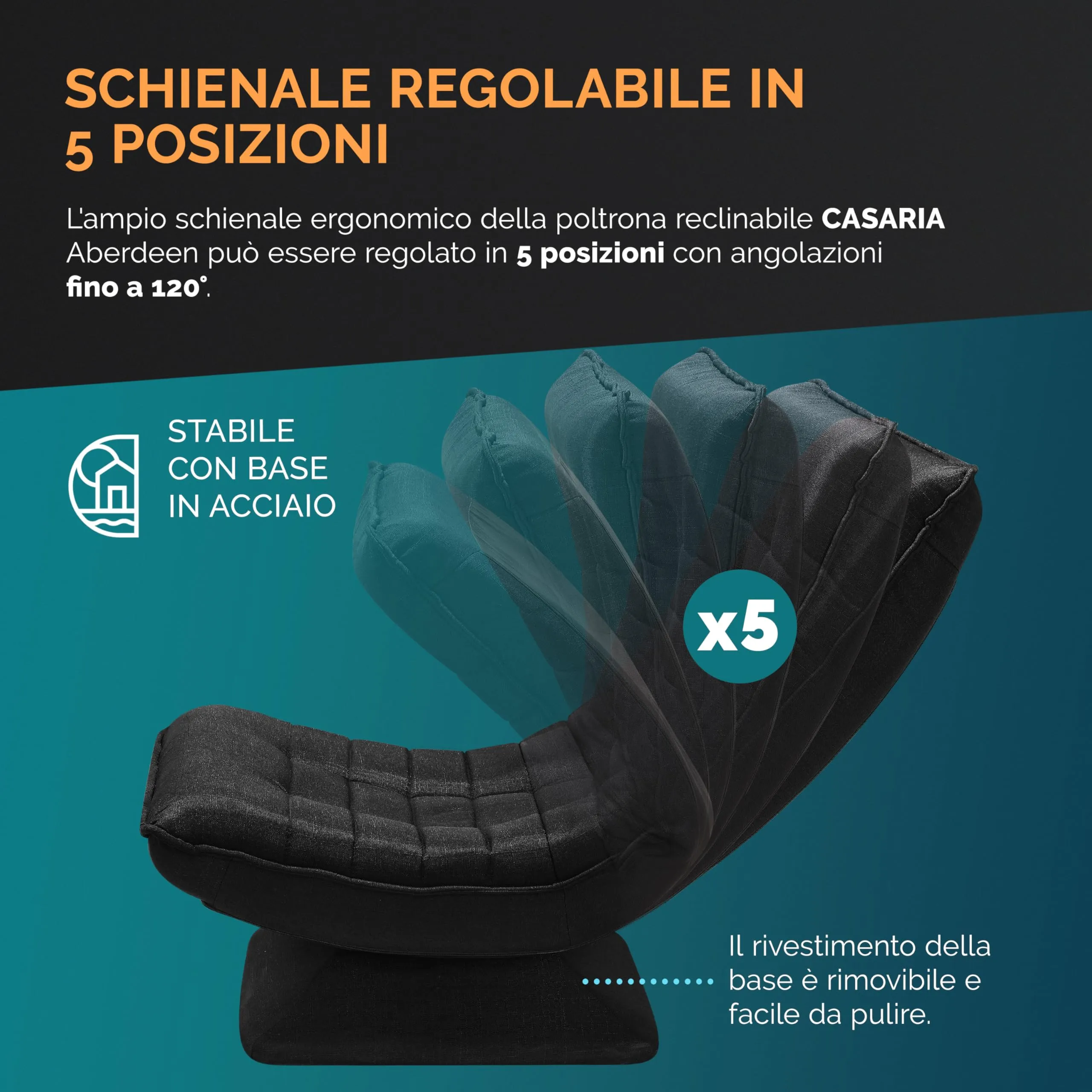 Casaria Aberdeen Poltrona Relax da Lettura Girevole a 360°, Schienale Regolabile, 58x57x84cm, Nero - immagine 6