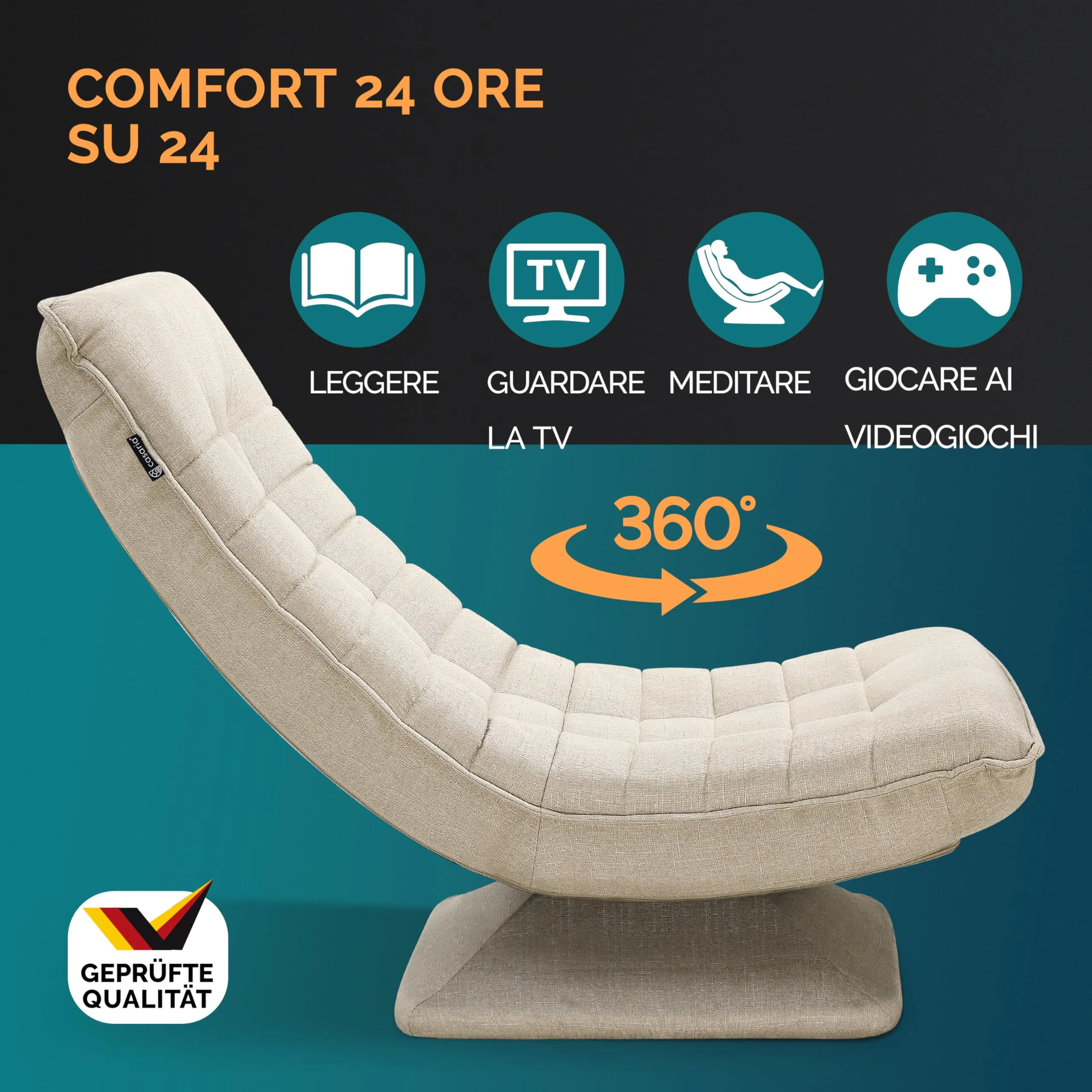 CASARIA Poltrona Relax Aberdeen con Schienale Regolabile, Ruotabile 360°, Pieghevole, Portata 150kg, 60x105x87cm, Sedia da Pavimento Imbottita per Salotto e Gaming - immagine 3