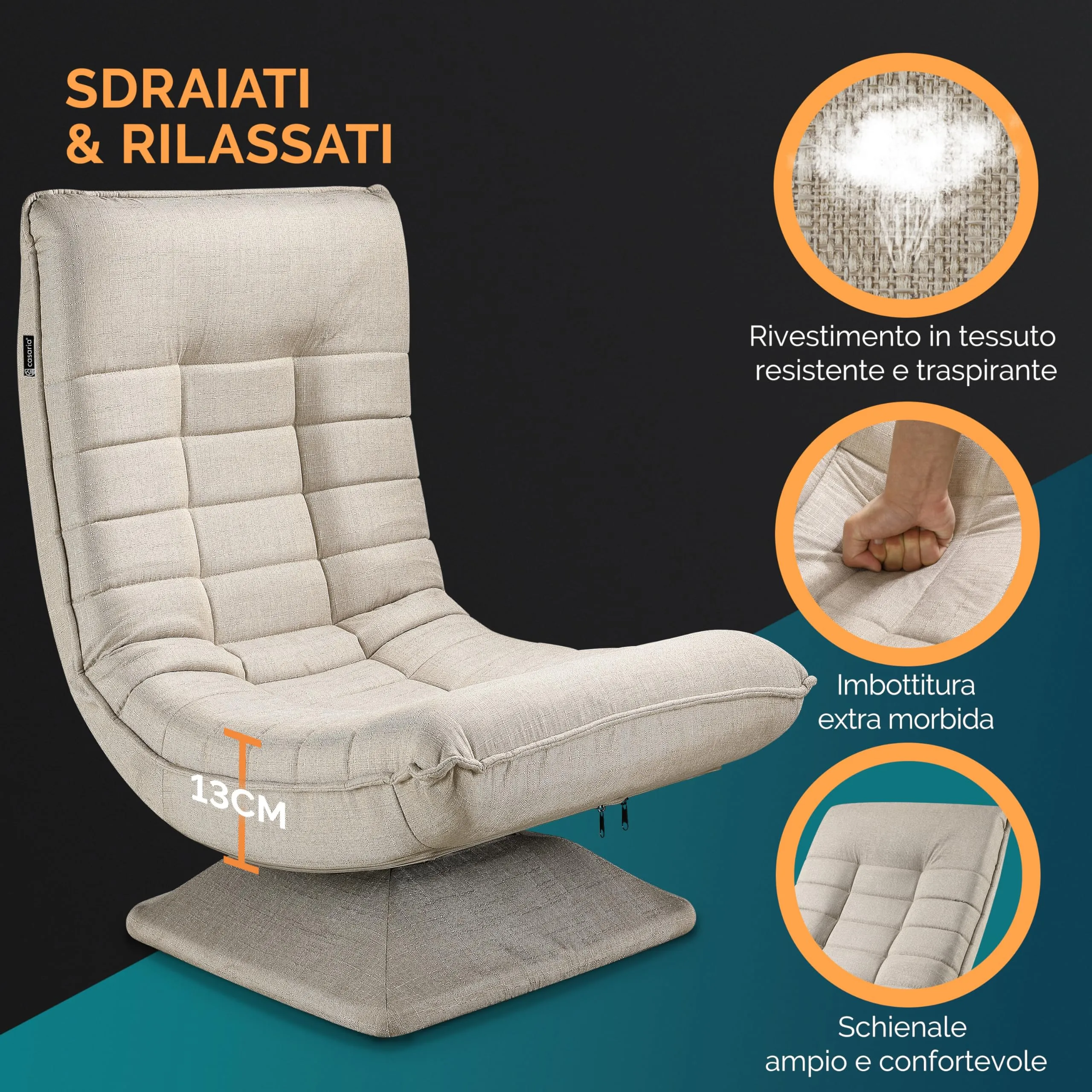 CASARIA Poltrona Relax Aberdeen con Schienale Regolabile, Ruotabile 360°, Pieghevole, Portata 150kg, 60x105x87cm, Sedia da Pavimento Imbottita per Salotto e Gaming - immagine 4