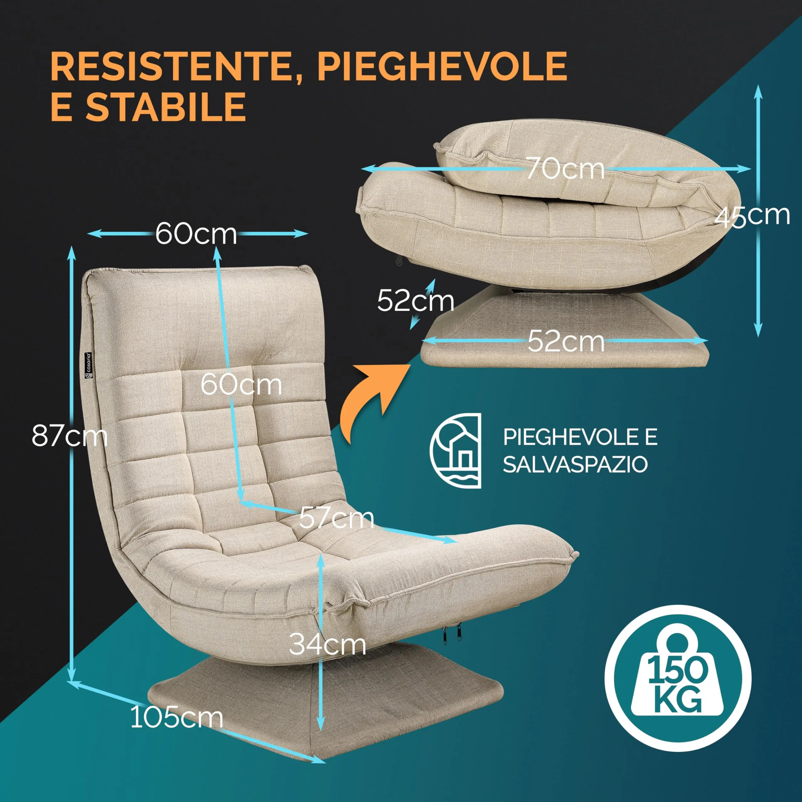 CASARIA Poltrona Relax Aberdeen con Schienale Regolabile, Ruotabile 360°, Pieghevole, Portata 150kg, 60x105x87cm, Sedia da Pavimento Imbottita per Salotto e Gaming - immagine 5