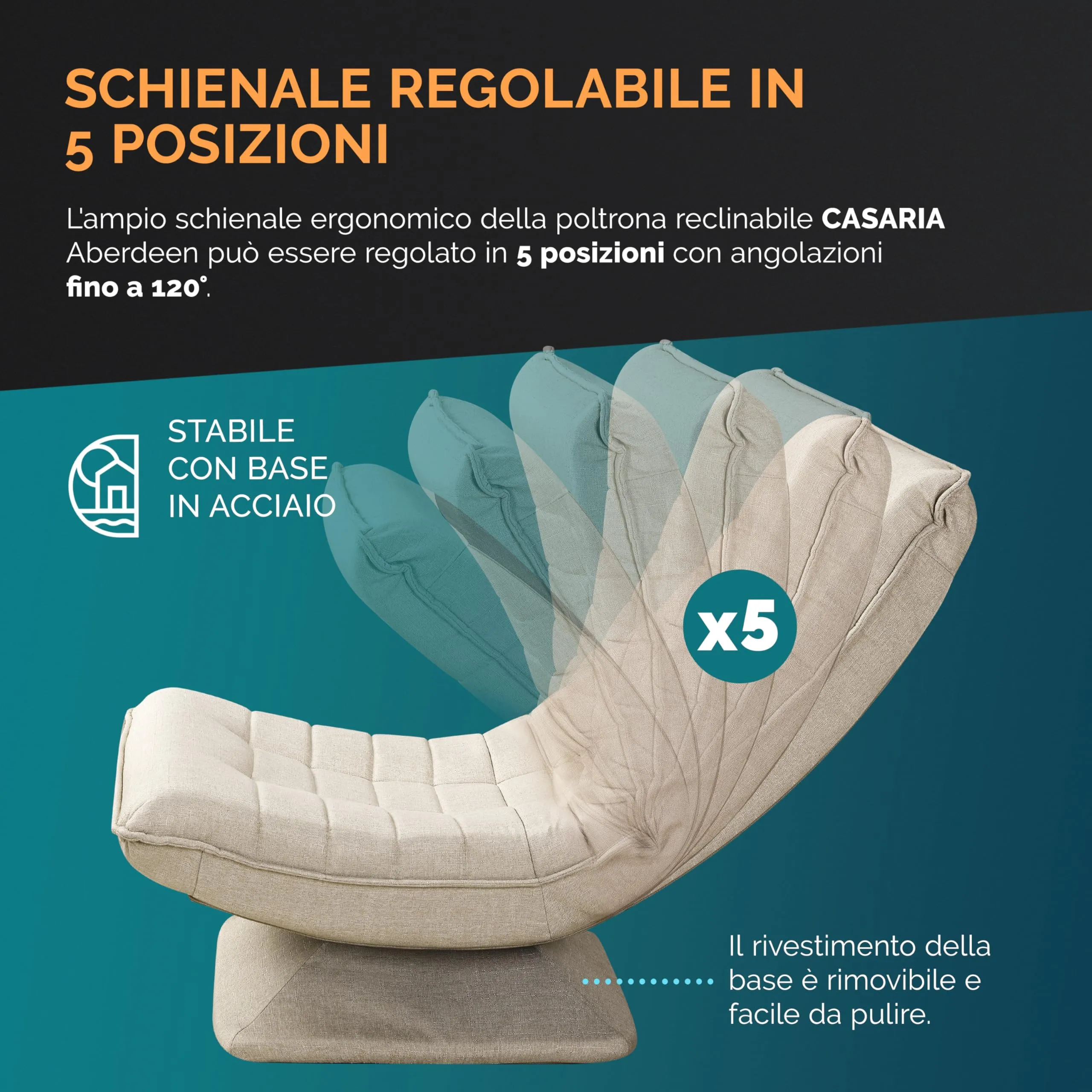 CASARIA Poltrona Relax Aberdeen con Schienale Regolabile, Ruotabile 360°, Pieghevole, Portata 150kg, 60x105x87cm, Sedia da Pavimento Imbottita per Salotto e Gaming - immagine 6
