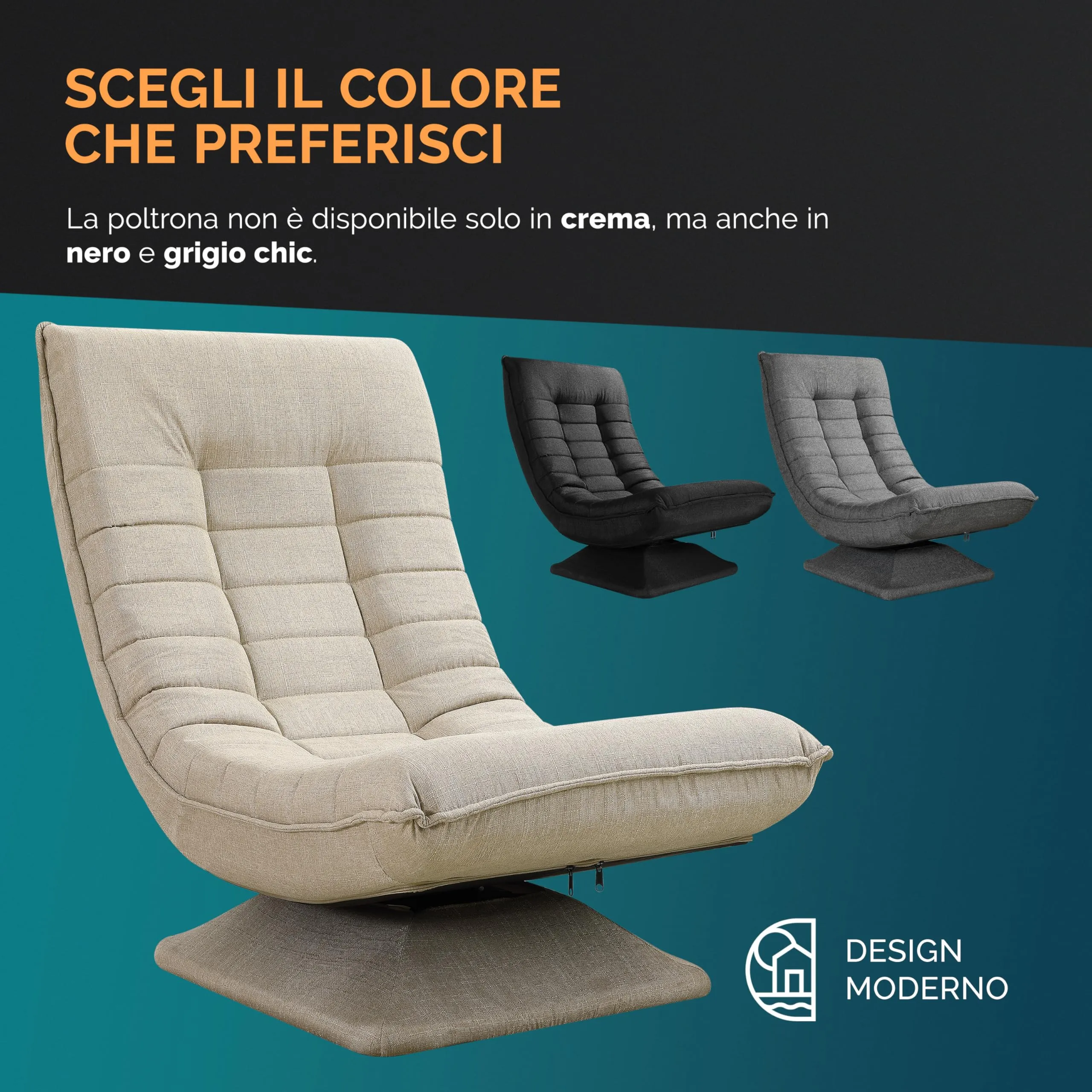 CASARIA Poltrona Relax Aberdeen con Schienale Regolabile, Ruotabile 360°, Pieghevole, Portata 150kg, 60x105x87cm, Sedia da Pavimento Imbottita per Salotto e Gaming - immagine 7