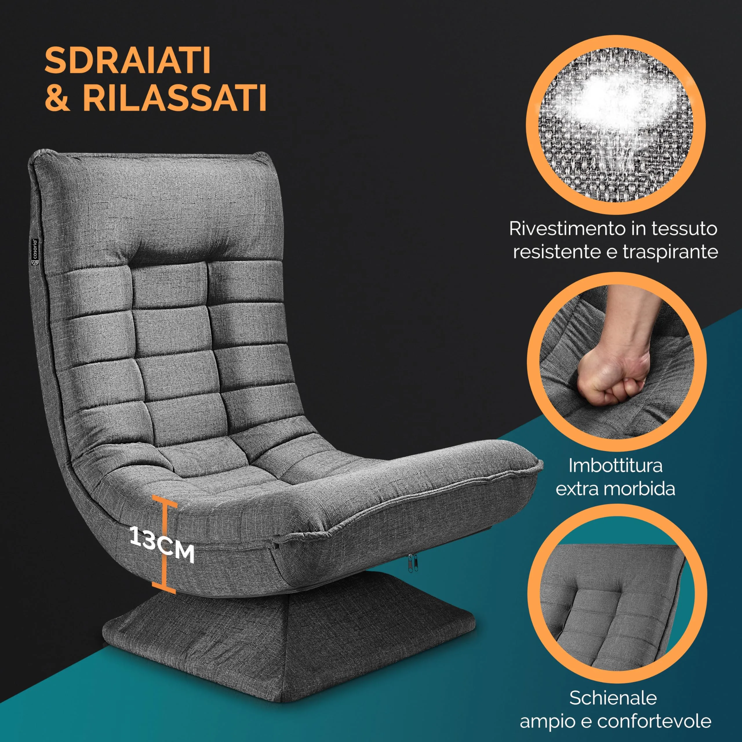 Casaria Poltrona Relax Aberdeen Ruotabile 360° Pieghevole, Portata 150kg - immagine 4