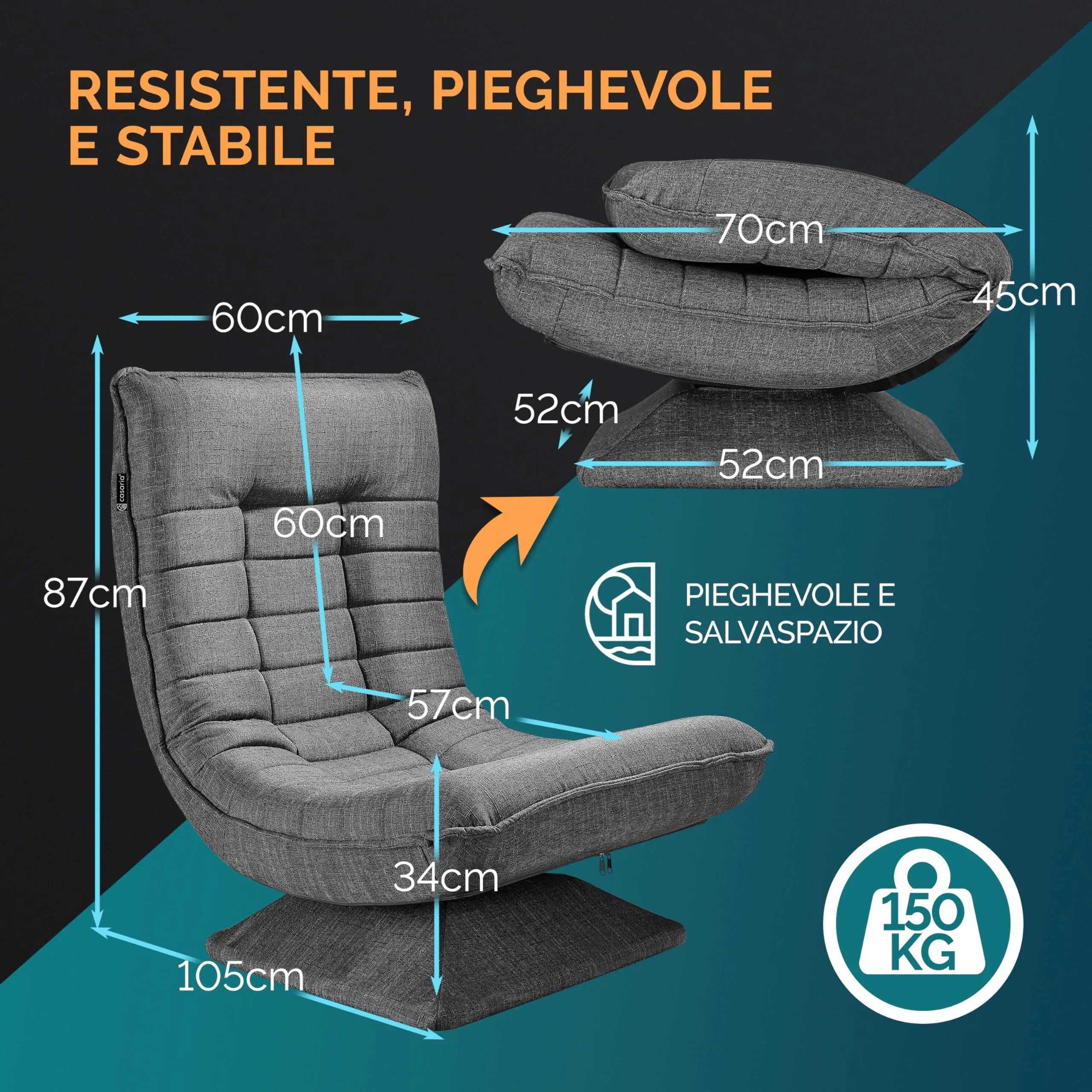 Casaria Poltrona Relax Aberdeen Ruotabile 360° Pieghevole, Portata 150kg - immagine 5
