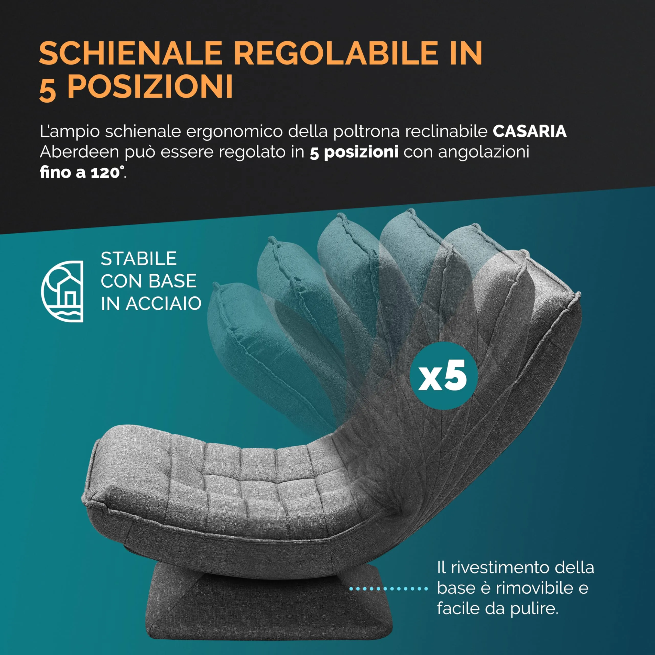 Casaria Poltrona Relax Aberdeen Ruotabile 360° Pieghevole, Portata 150kg - immagine 6