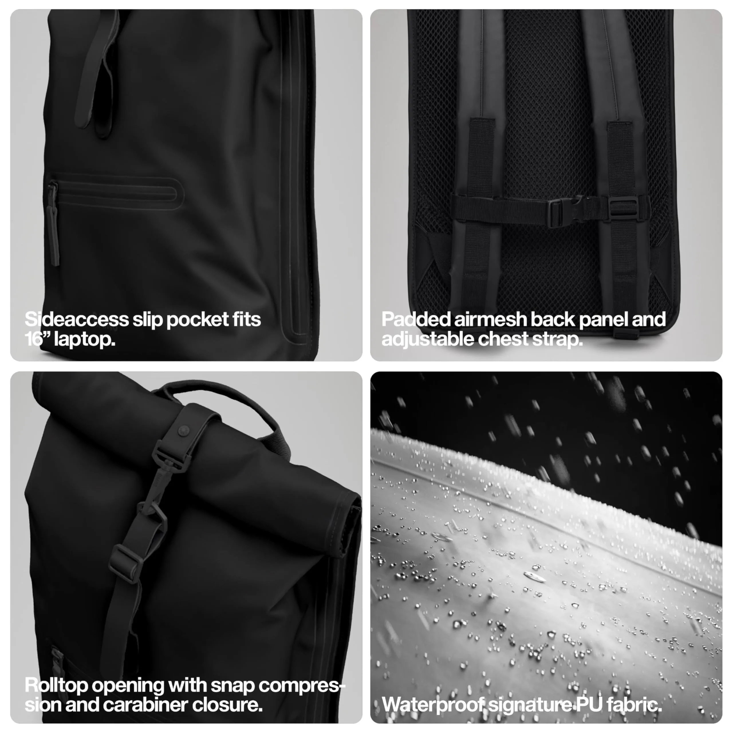 RAINS Zaino Rolltop Impermeabile, Nero, Regular - immagine 2