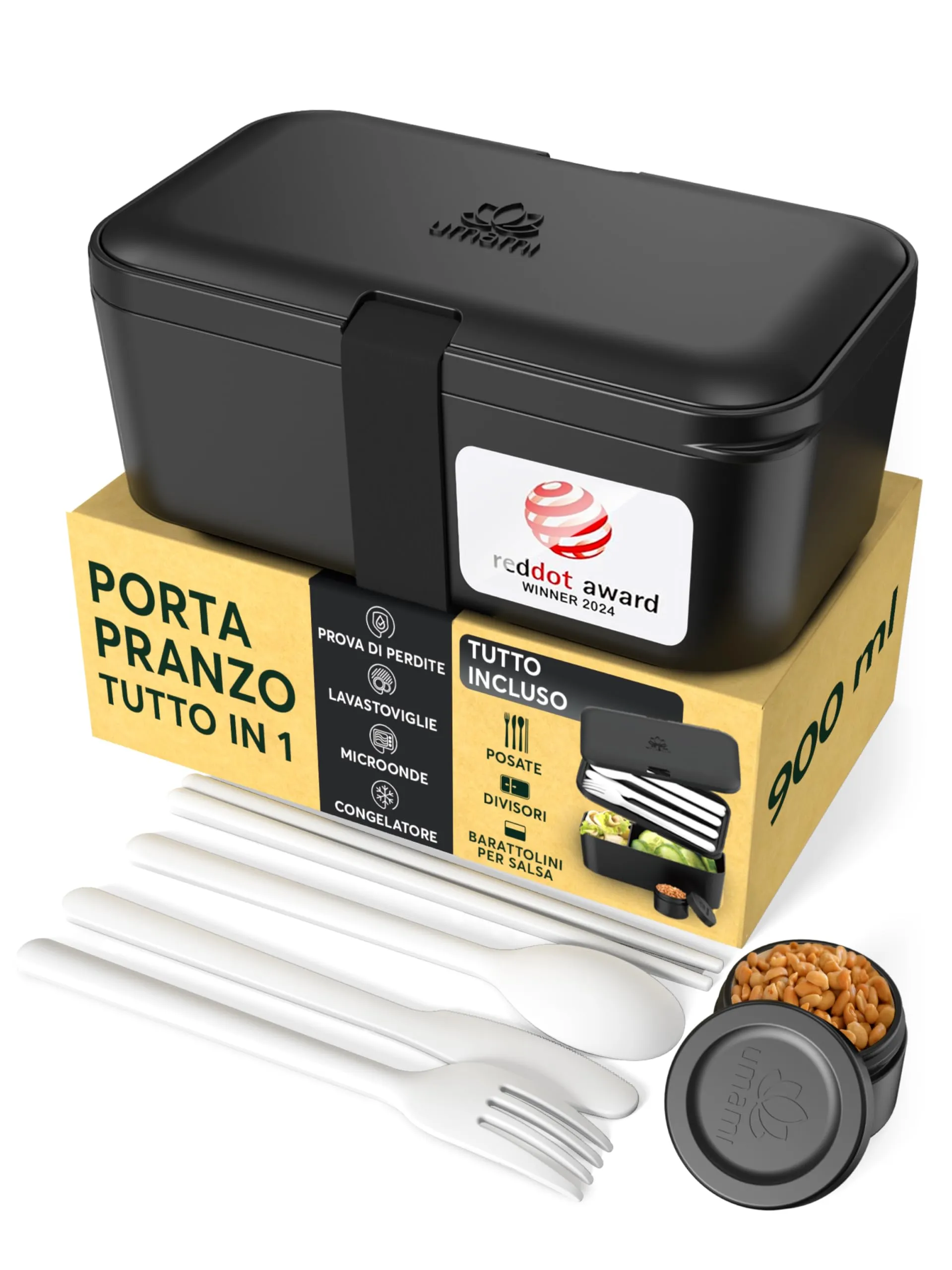 Umami Porta Pranzo Adulti Bento Box Ermetico con Scomparti, 900 ml, Onyx - immagine 1