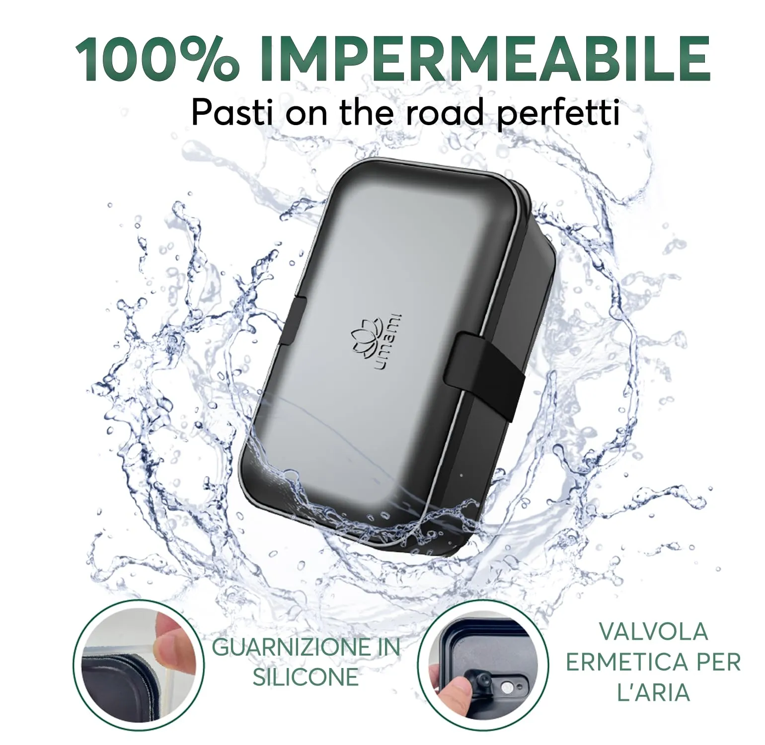 Umami Porta Pranzo Adulti Bento Box Ermetico con Scomparti, 900 ml, Onyx - immagine 2