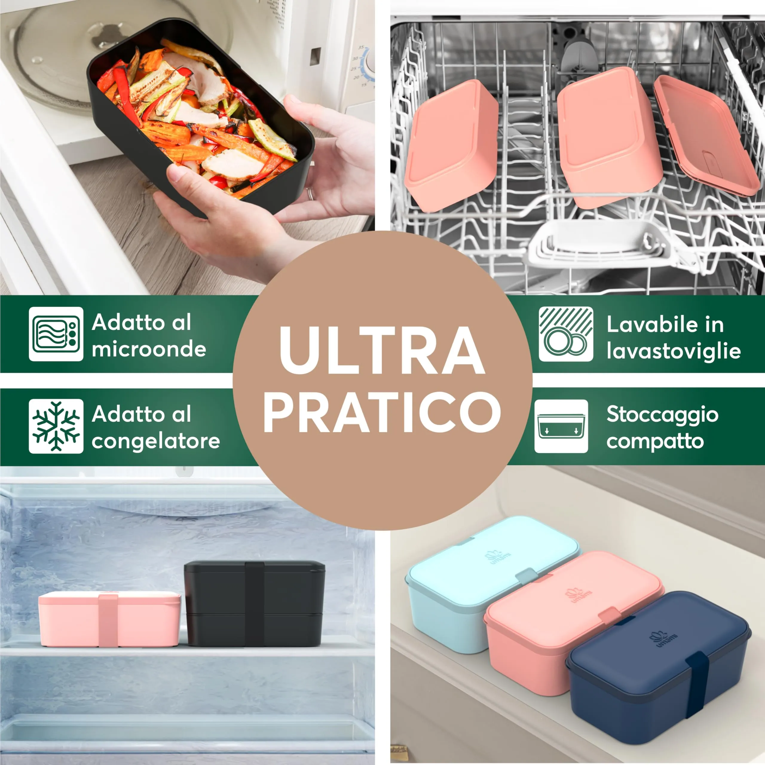 Umami Porta Pranzo Adulti Bento Box Ermetico con Scomparti, 900 ml, Onyx - immagine 3