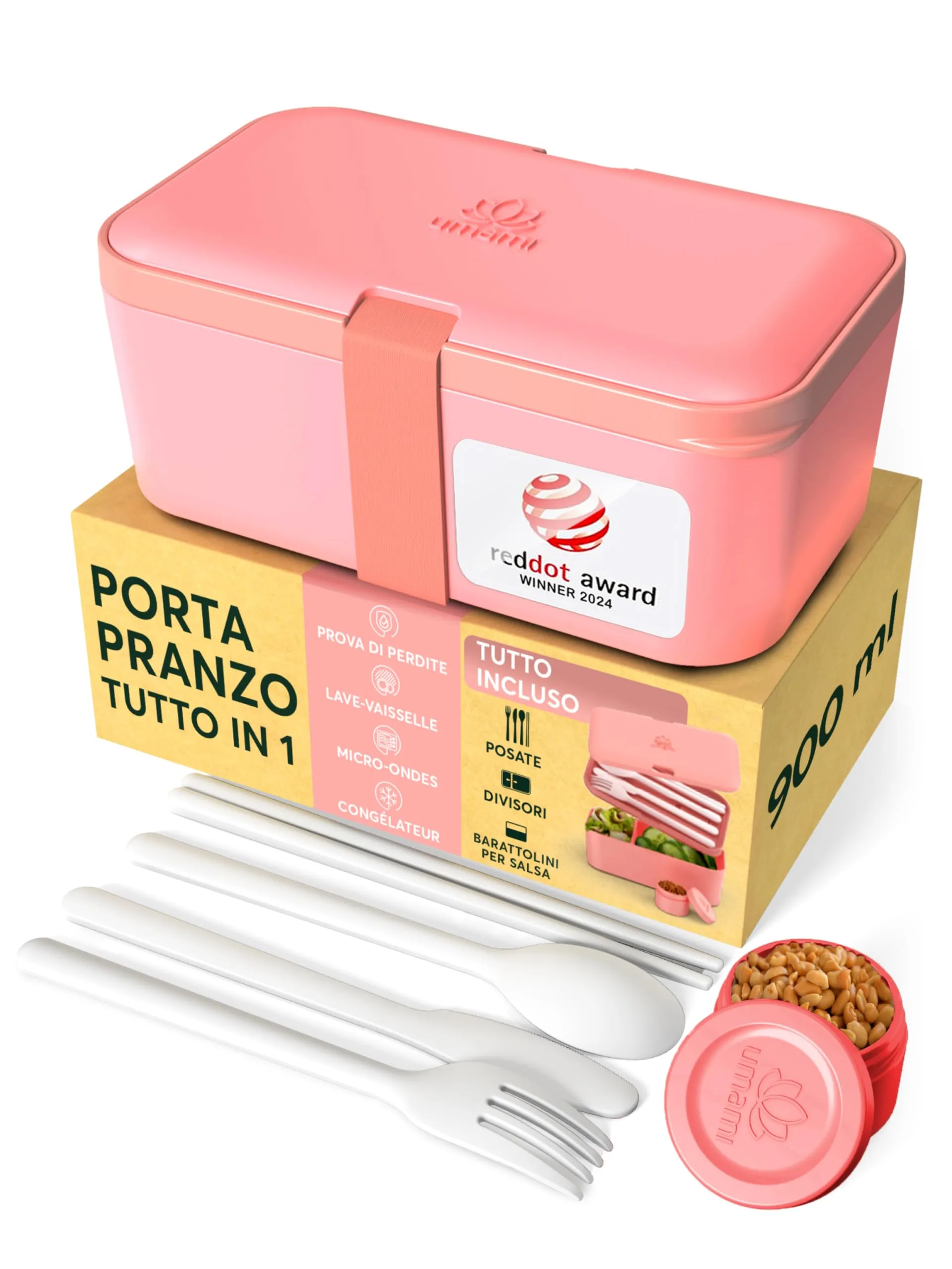 Umami Porta Pranzo Adulti Ermetico Bento Box con Scomparti e 4 Posate, 900 ml, Corallo Rosa - immagine 1