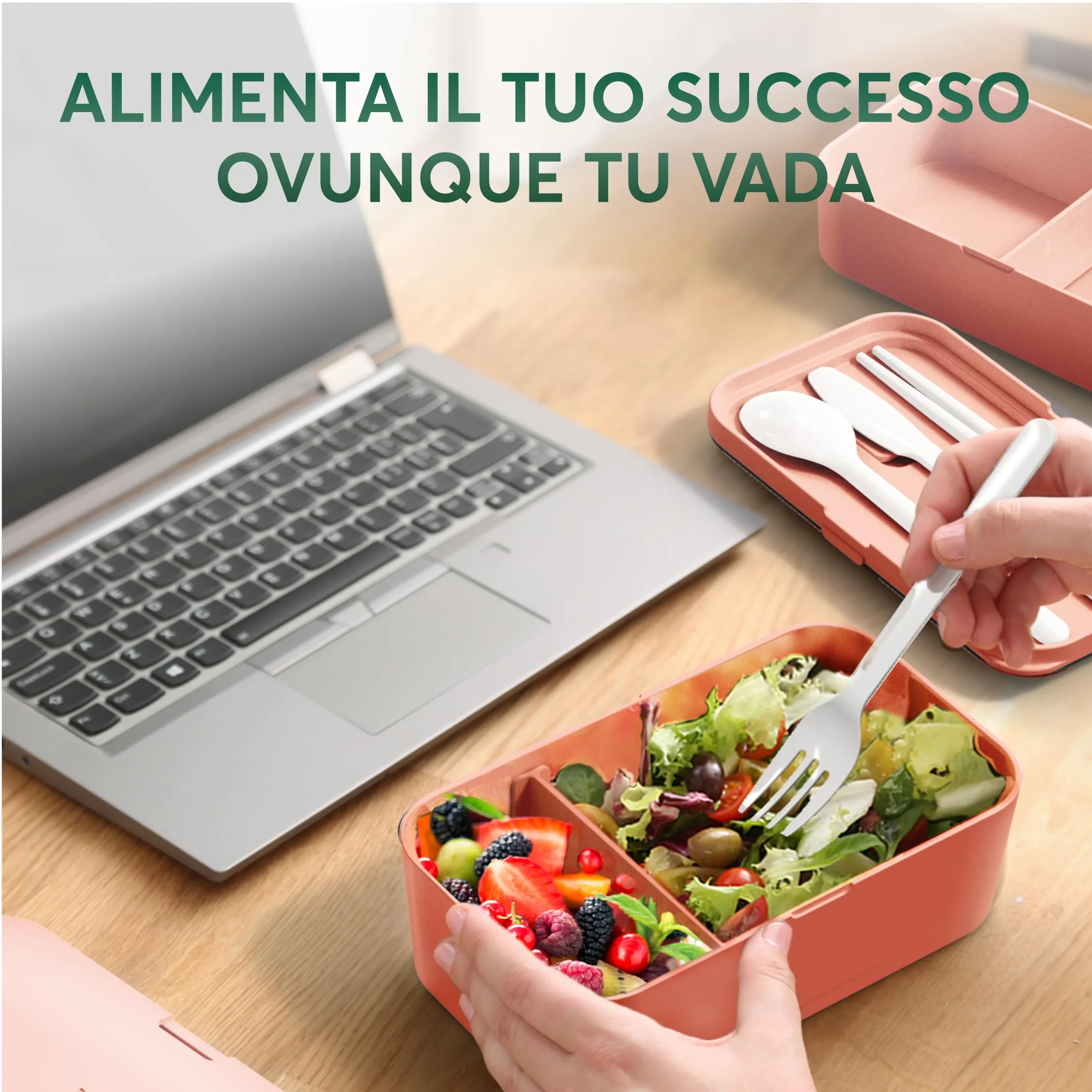 Umami Porta Pranzo Adulti Ermetico Bento Box con Scomparti e 4 Posate, 900 ml, Corallo Rosa - immagine 3