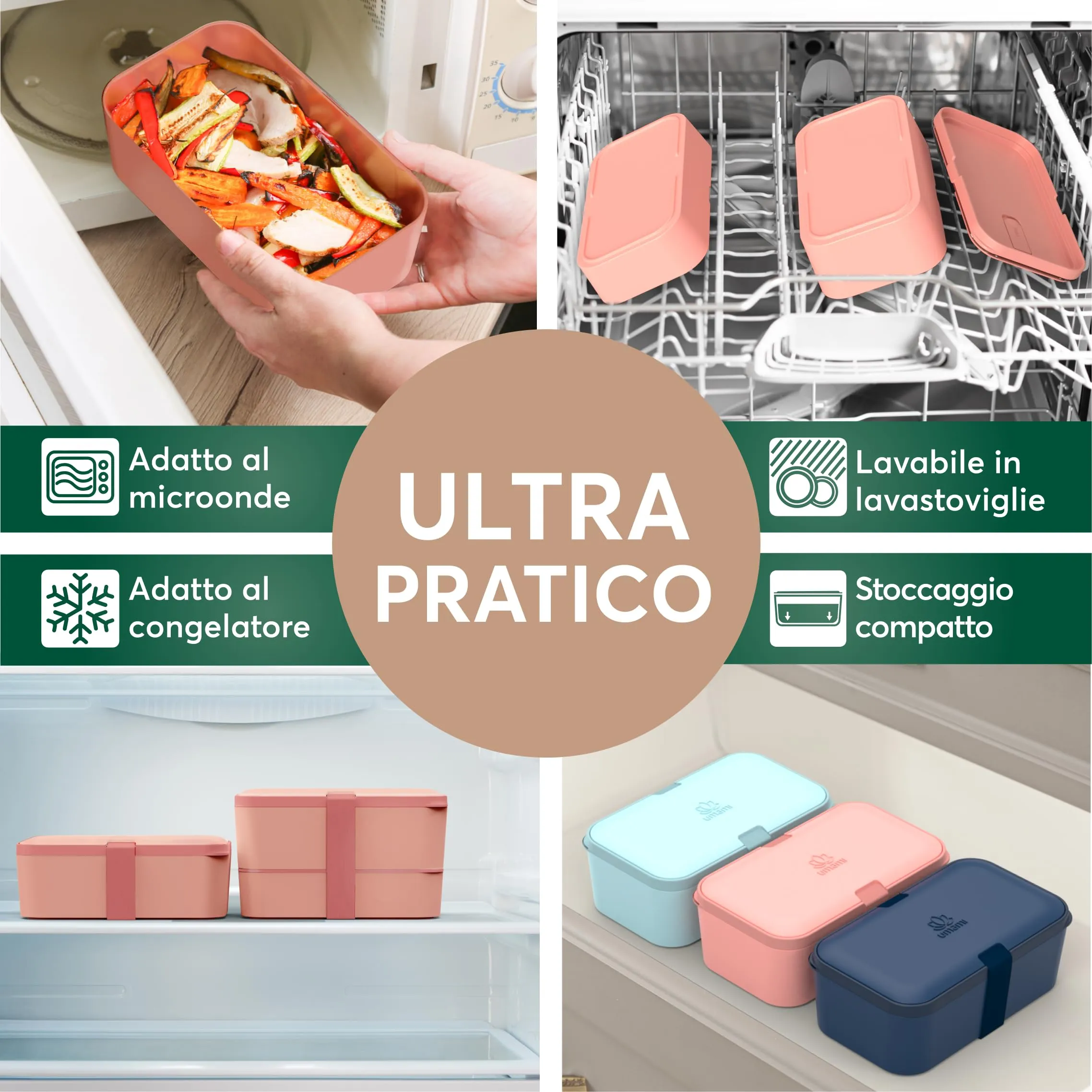Umami Porta Pranzo Adulti Ermetico Bento Box con Scomparti e 4 Posate, 900 ml, Corallo Rosa - immagine 4