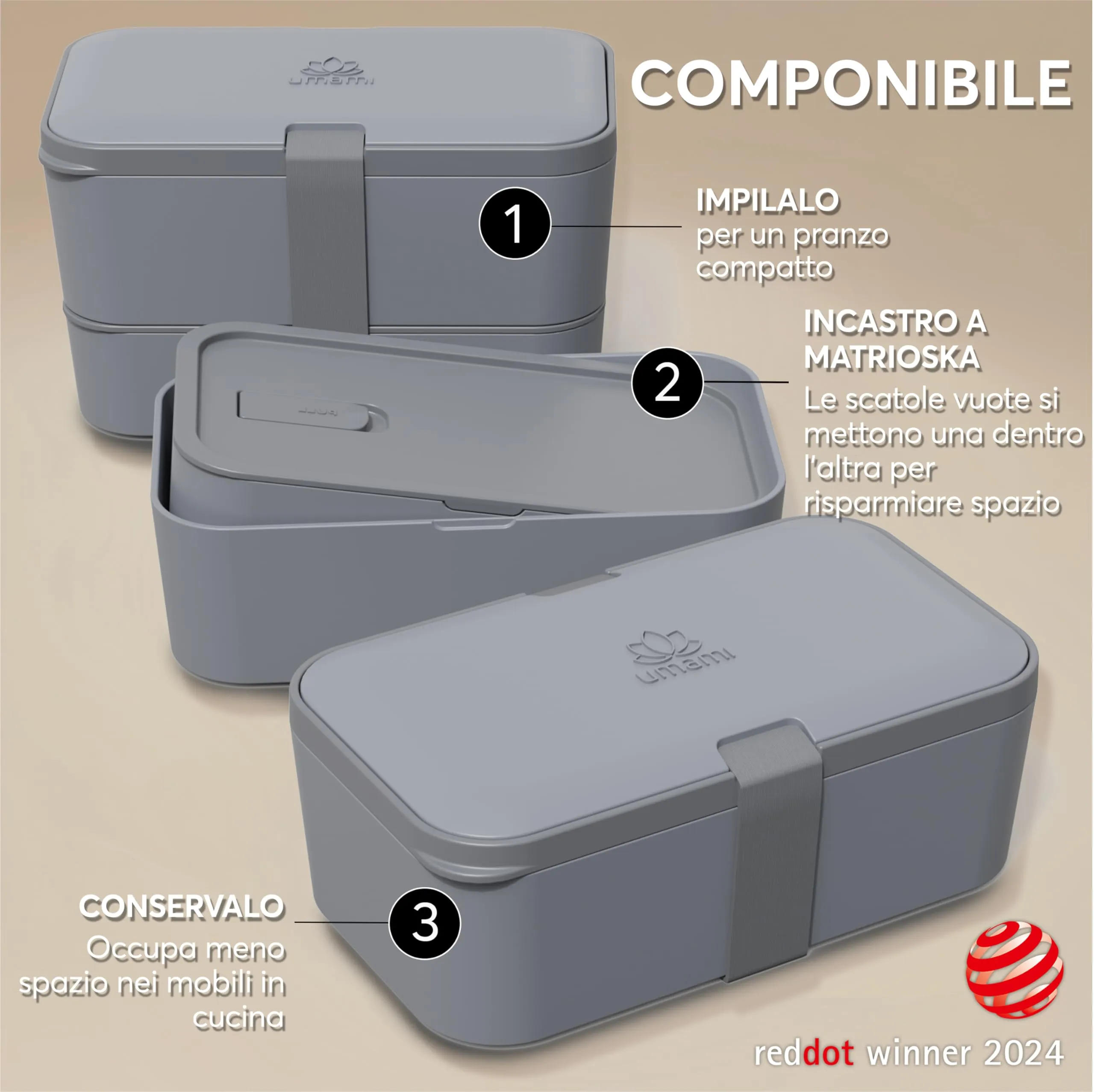 Umami Porta Pranzo Adulti Ermetico Bento Box con Scomparti e 4 Posate, 1500 ml, Carbone Grigio - immagine 2