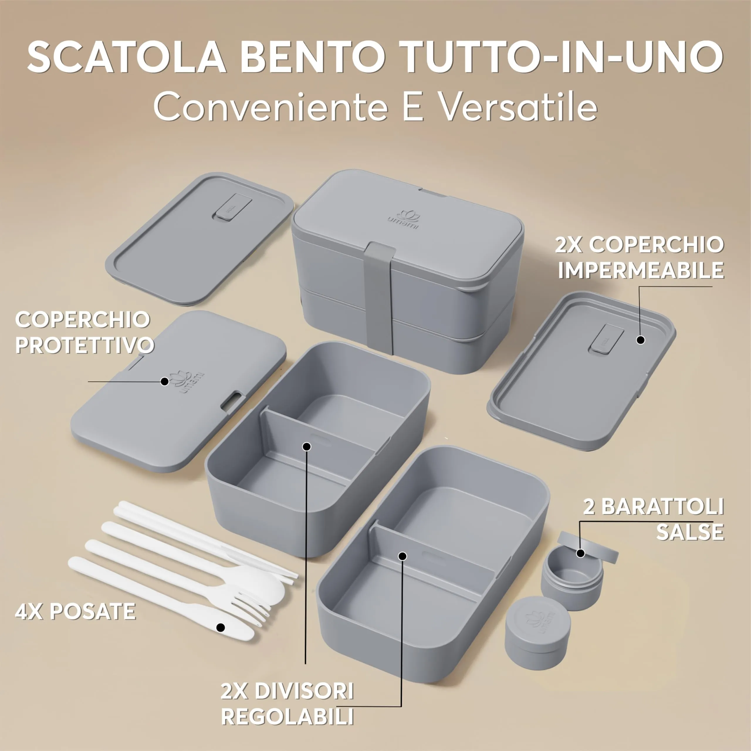 Umami Porta Pranzo Adulti Ermetico Bento Box con Scomparti e 4 Posate, 1500 ml, Carbone Grigio - immagine 3