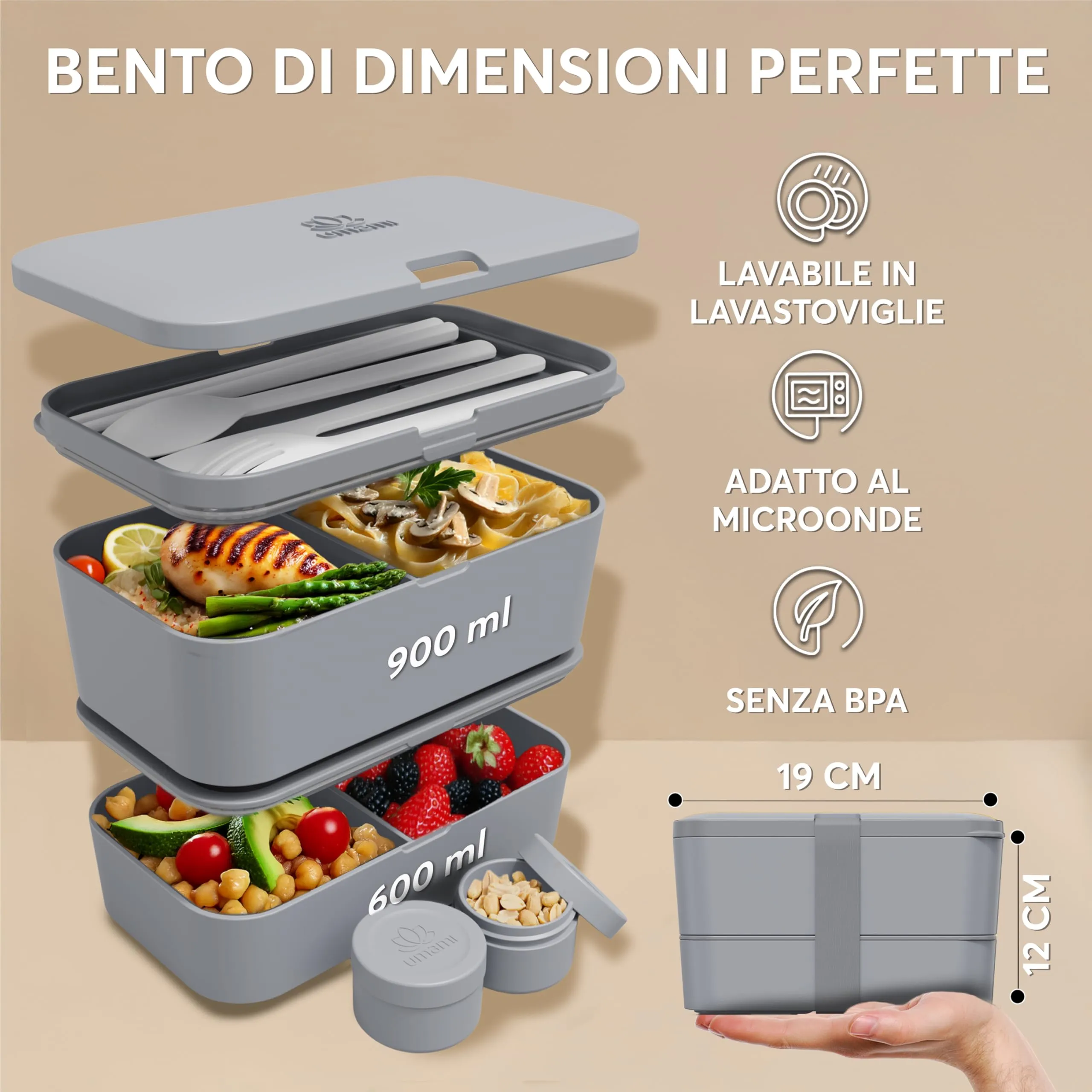 Umami Porta Pranzo Adulti Ermetico Bento Box con Scomparti e 4 Posate, 1500 ml, Carbone Grigio - immagine 4