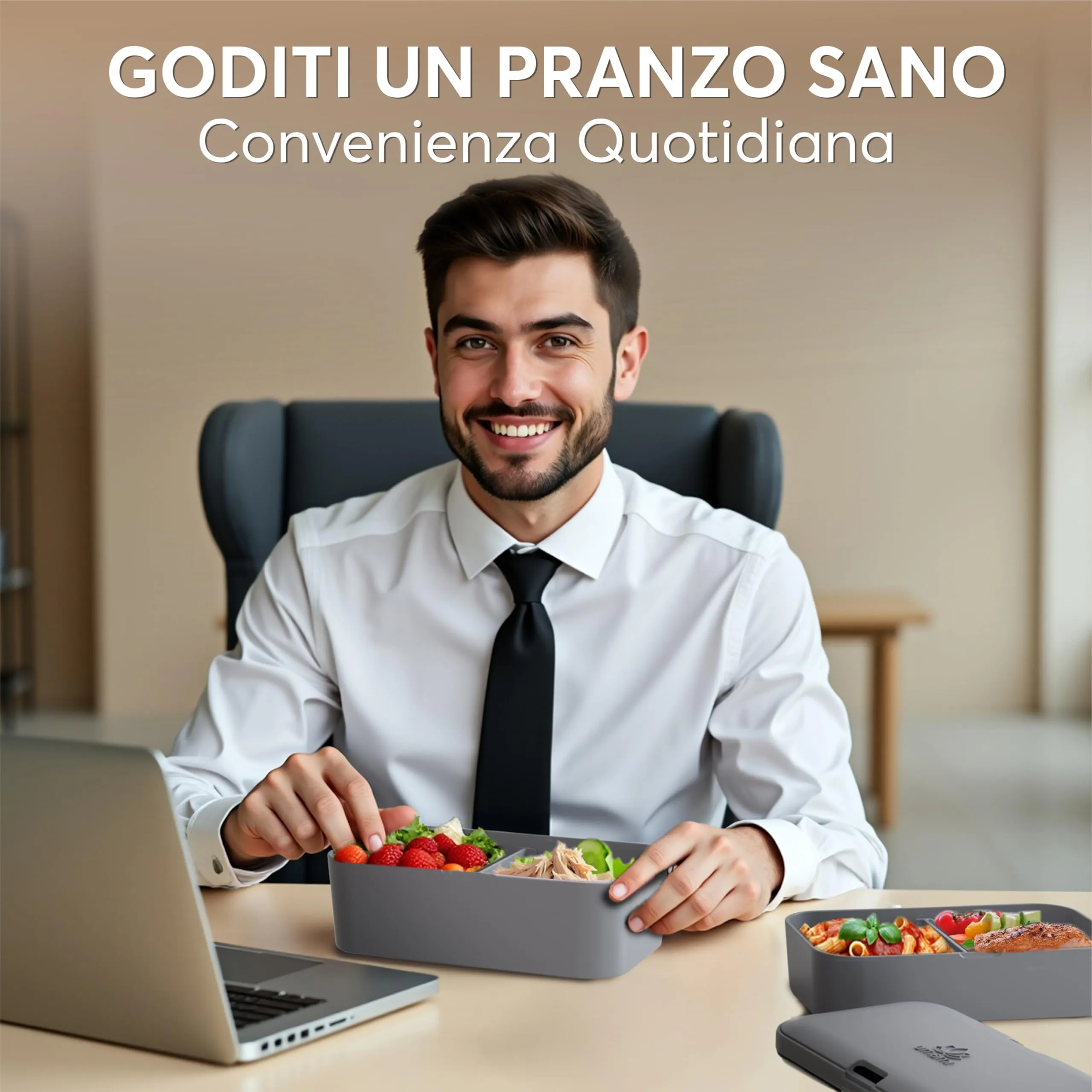 Umami Porta Pranzo Adulti Ermetico Bento Box con Scomparti e 4 Posate, 1500 ml, Carbone Grigio - immagine 7