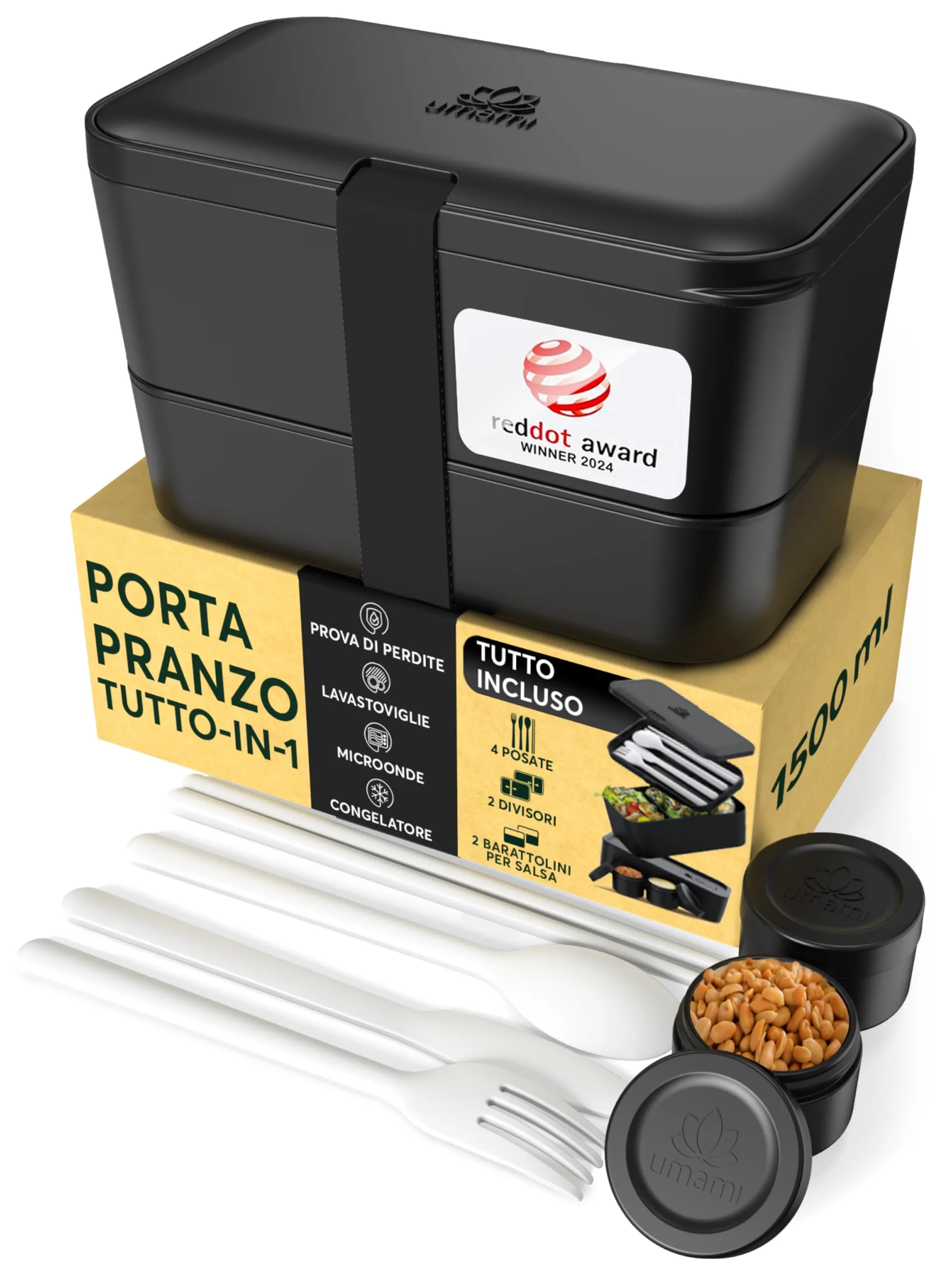 Umami Porta Pranzo Adulti Ermetico Bento Box con Scomparti e 4 Posate, 1500 ml, Onice Nero - immagine 1