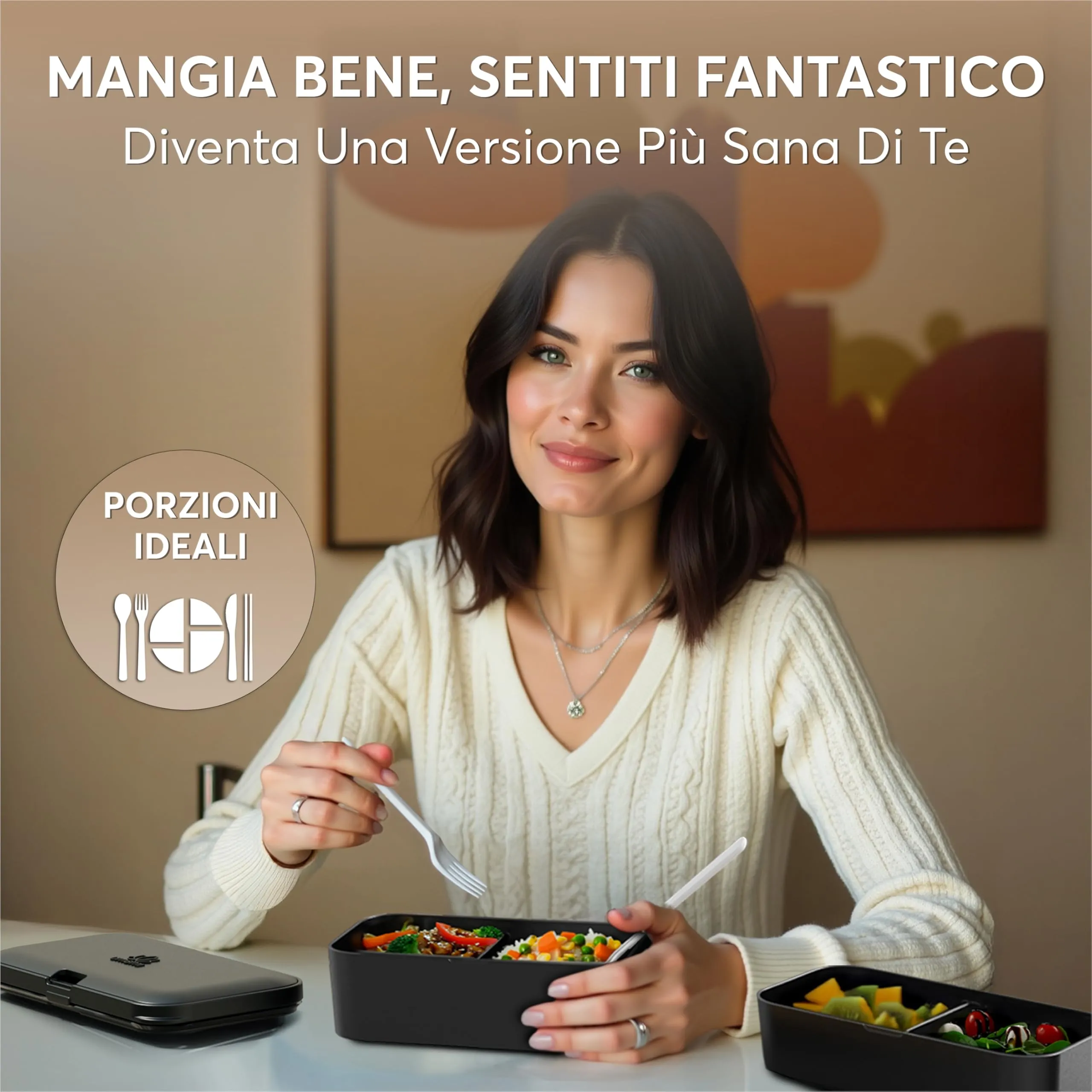 Umami Porta Pranzo Adulti Ermetico Bento Box con Scomparti e 4 Posate, 1500 ml, Onice Nero - immagine 2
