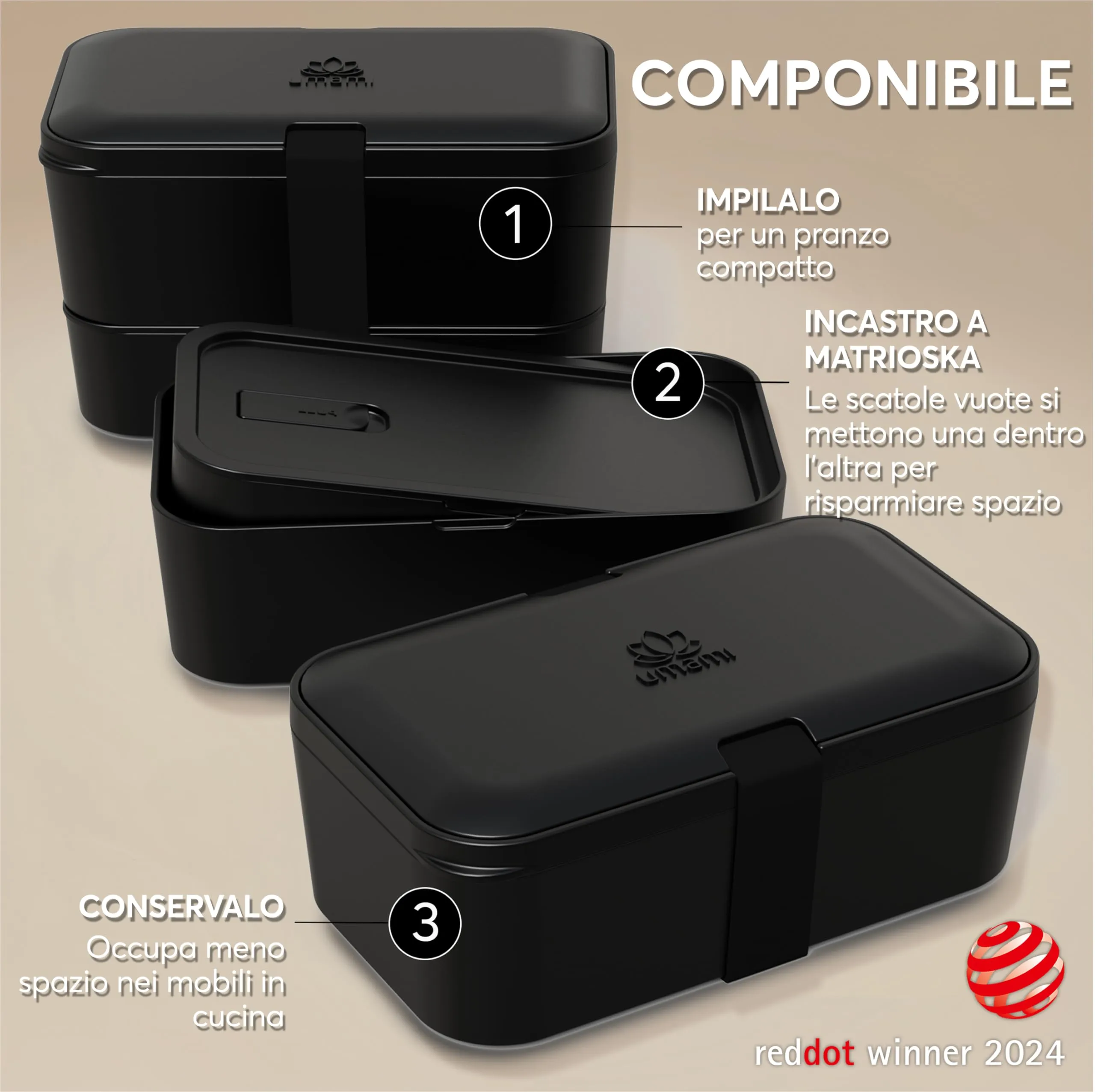 Umami Porta Pranzo Adulti Ermetico Bento Box con Scomparti e 4 Posate, 1500 ml, Onice Nero - immagine 3
