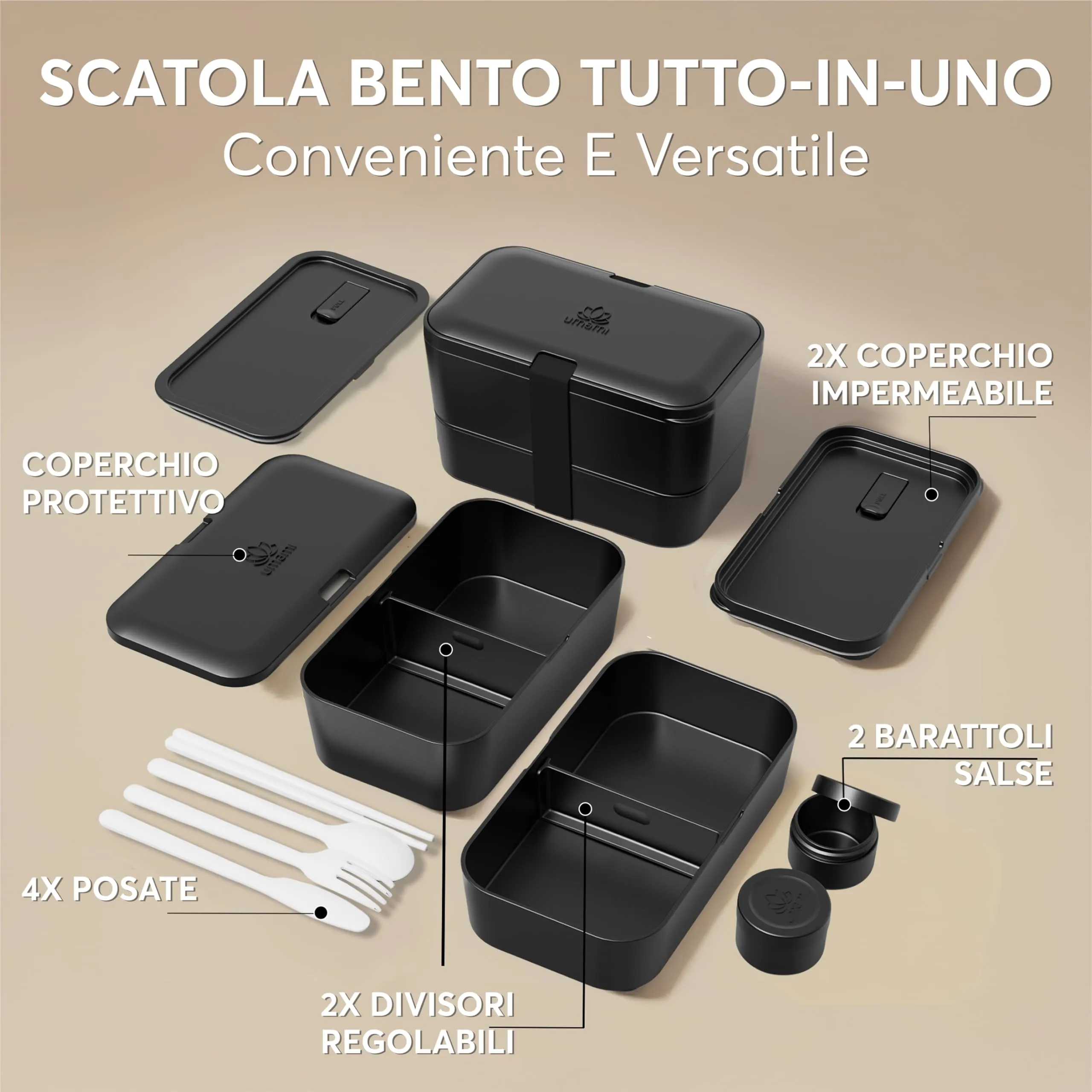 Umami Porta Pranzo Adulti Ermetico Bento Box con Scomparti e 4 Posate, 1500 ml, Onice Nero - immagine 4