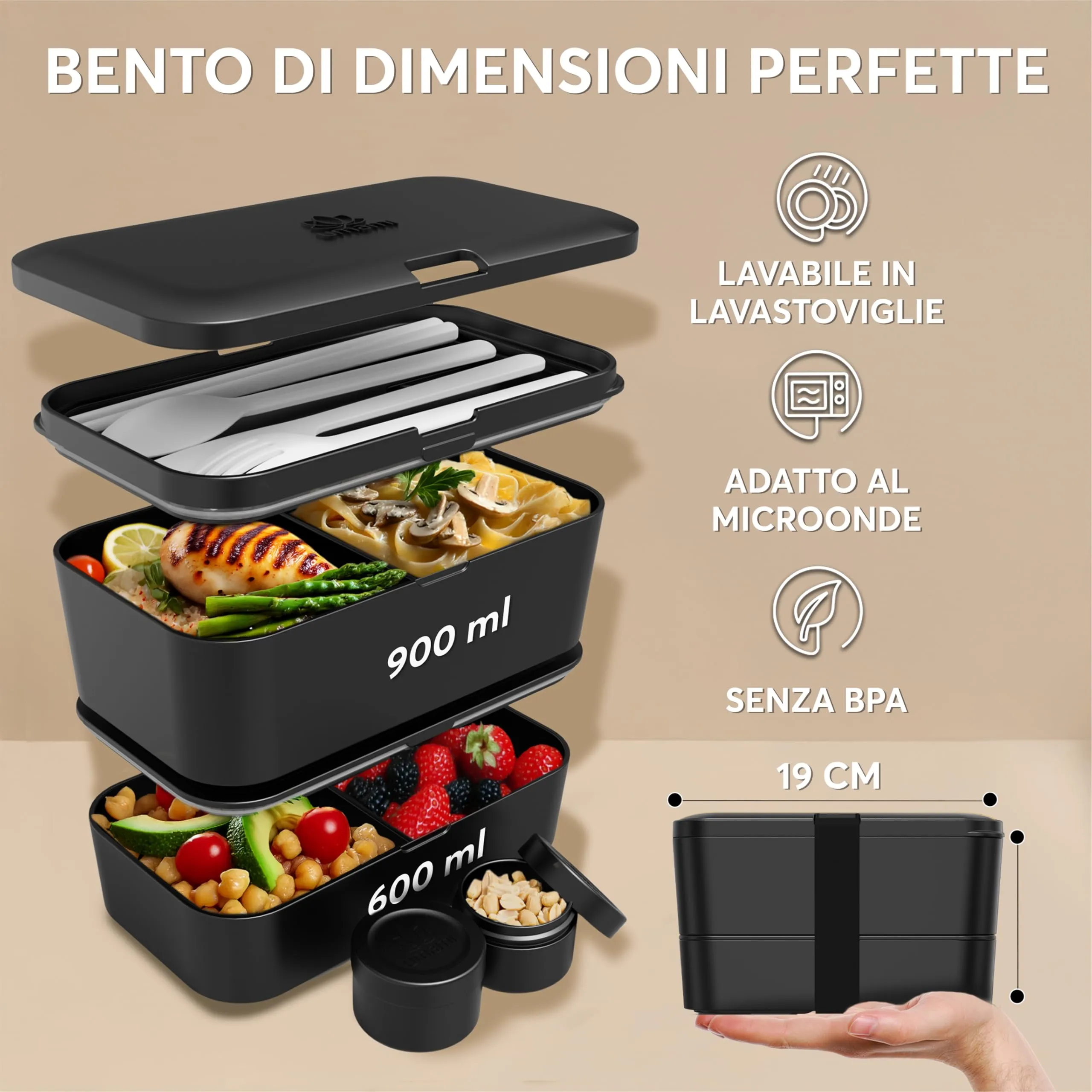 Umami Porta Pranzo Adulti Ermetico Bento Box con Scomparti e 4 Posate, 1500 ml, Onice Nero - immagine 6