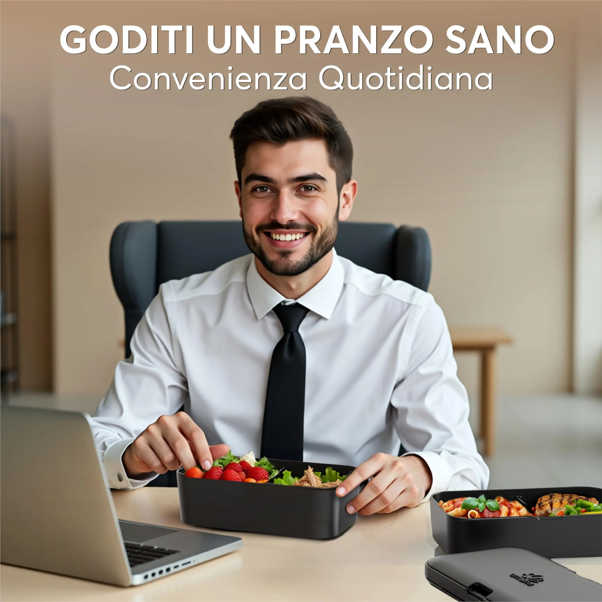 Umami Porta Pranzo Adulti Ermetico Bento Box con Scomparti e 4 Posate, 1500 ml, Onice Nero - immagine 7