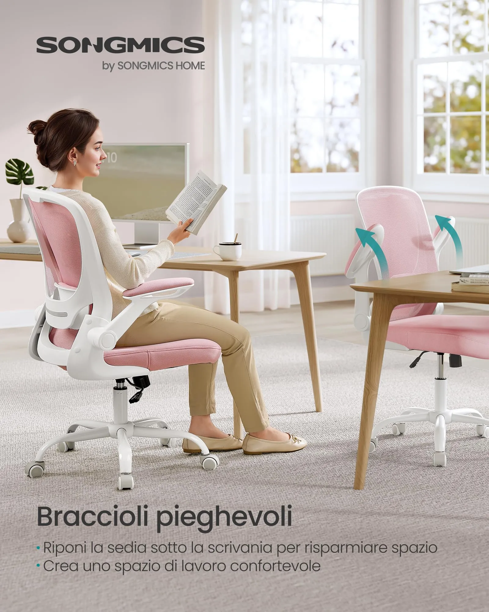 SONGMICS Sedia da Ufficio Ergonomica in Rete, Supporto Lombare, Braccioli Pieghevoli, Rosa Pastello OBN037R01 - immagine 2