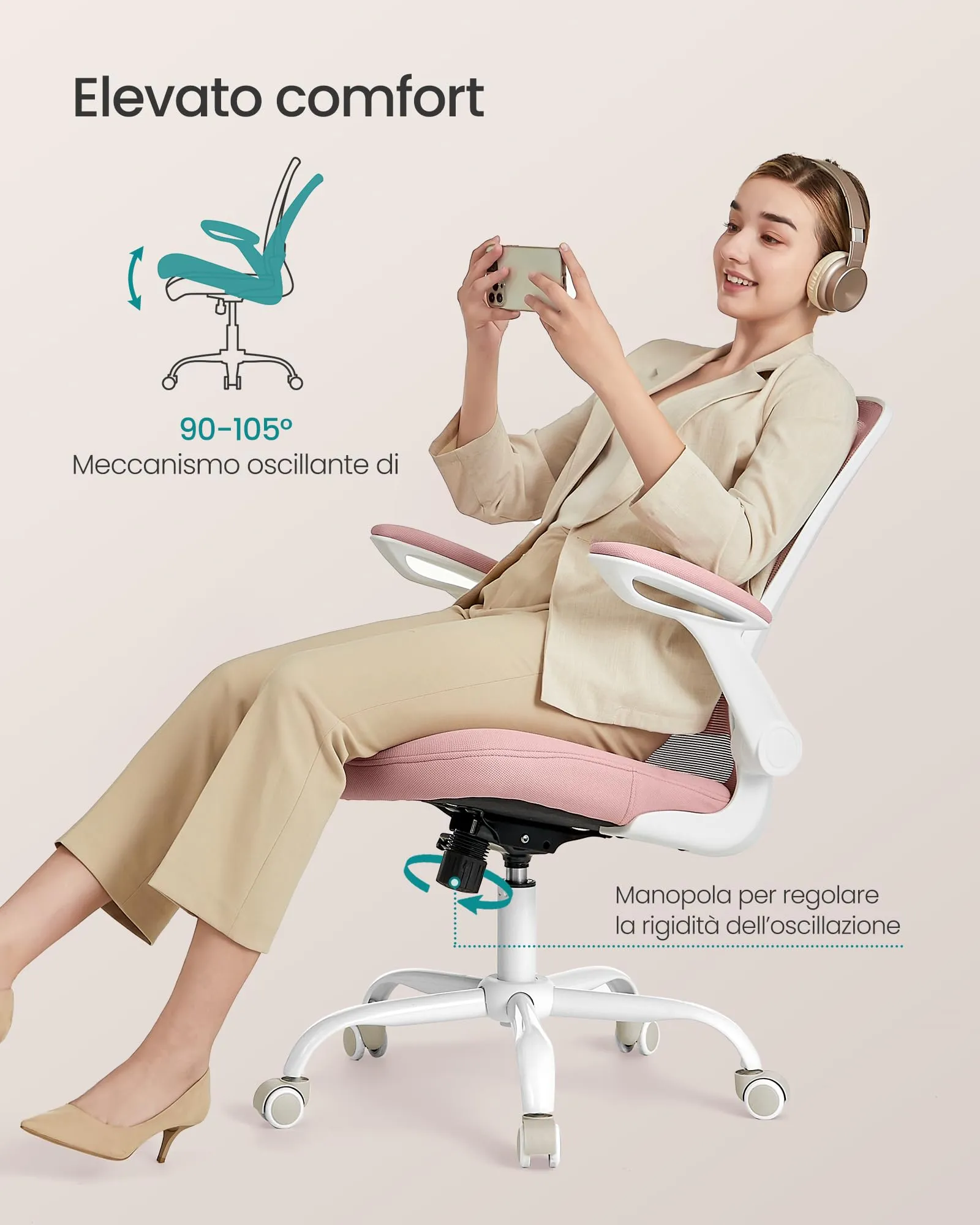 SONGMICS Sedia da Ufficio Ergonomica in Rete, Supporto Lombare, Braccioli Pieghevoli, Rosa Pastello OBN037R01 - immagine 3