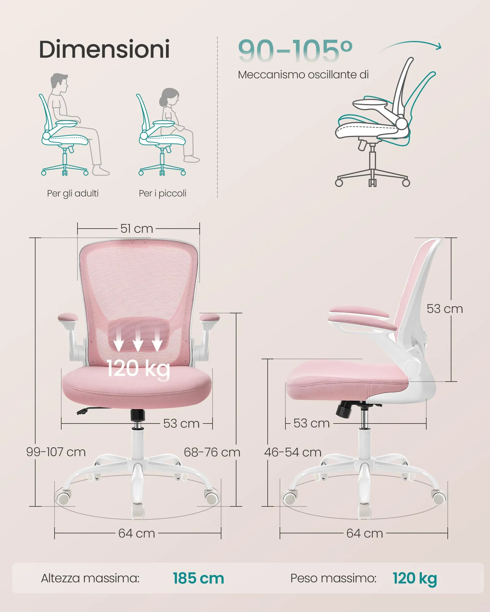 SONGMICS Sedia da Ufficio Ergonomica in Rete, Supporto Lombare, Braccioli Pieghevoli, Rosa Pastello OBN037R01 - immagine 4