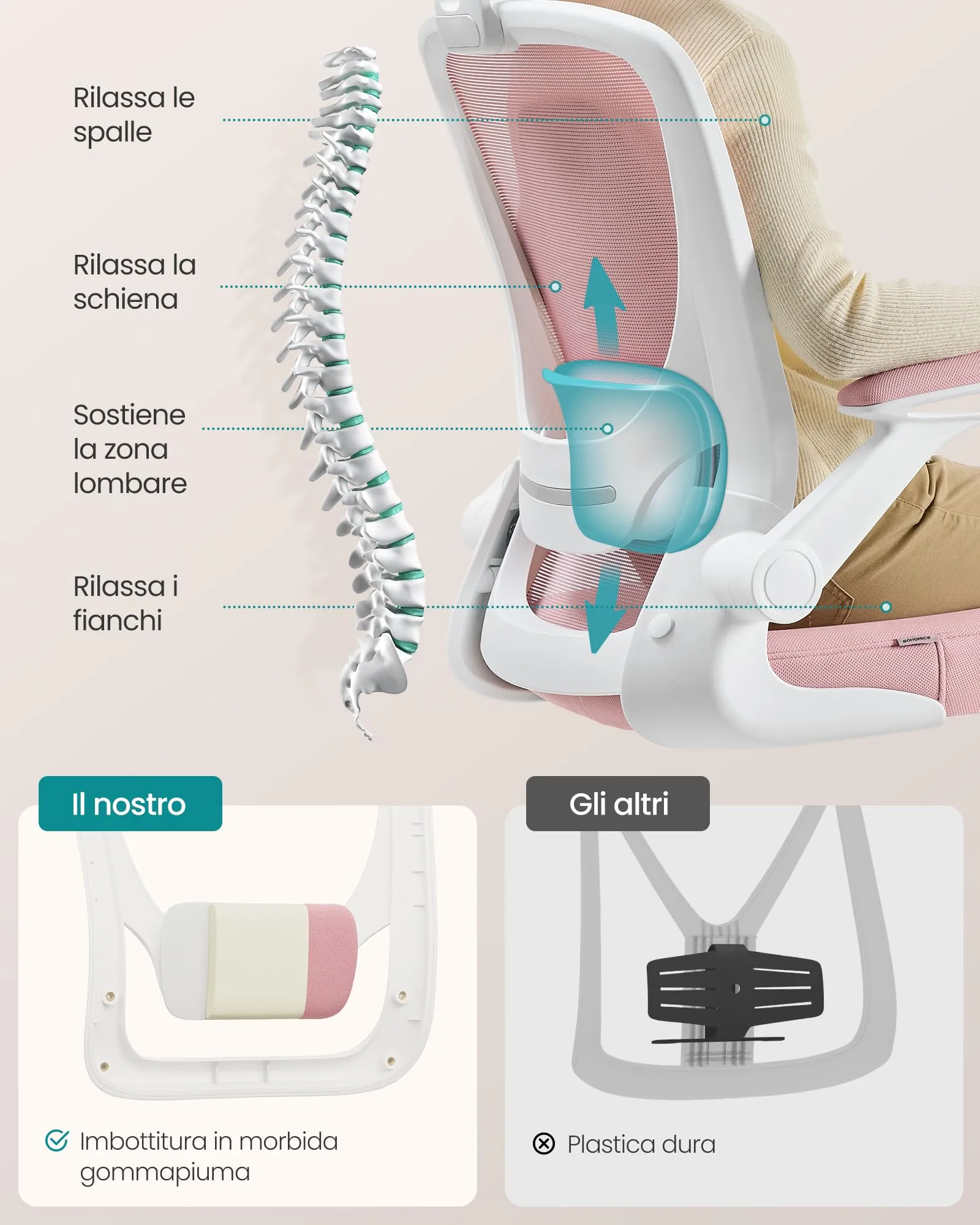 SONGMICS Sedia da Ufficio Ergonomica in Rete, Supporto Lombare, Braccioli Pieghevoli, Rosa Pastello OBN037R01 - immagine 6