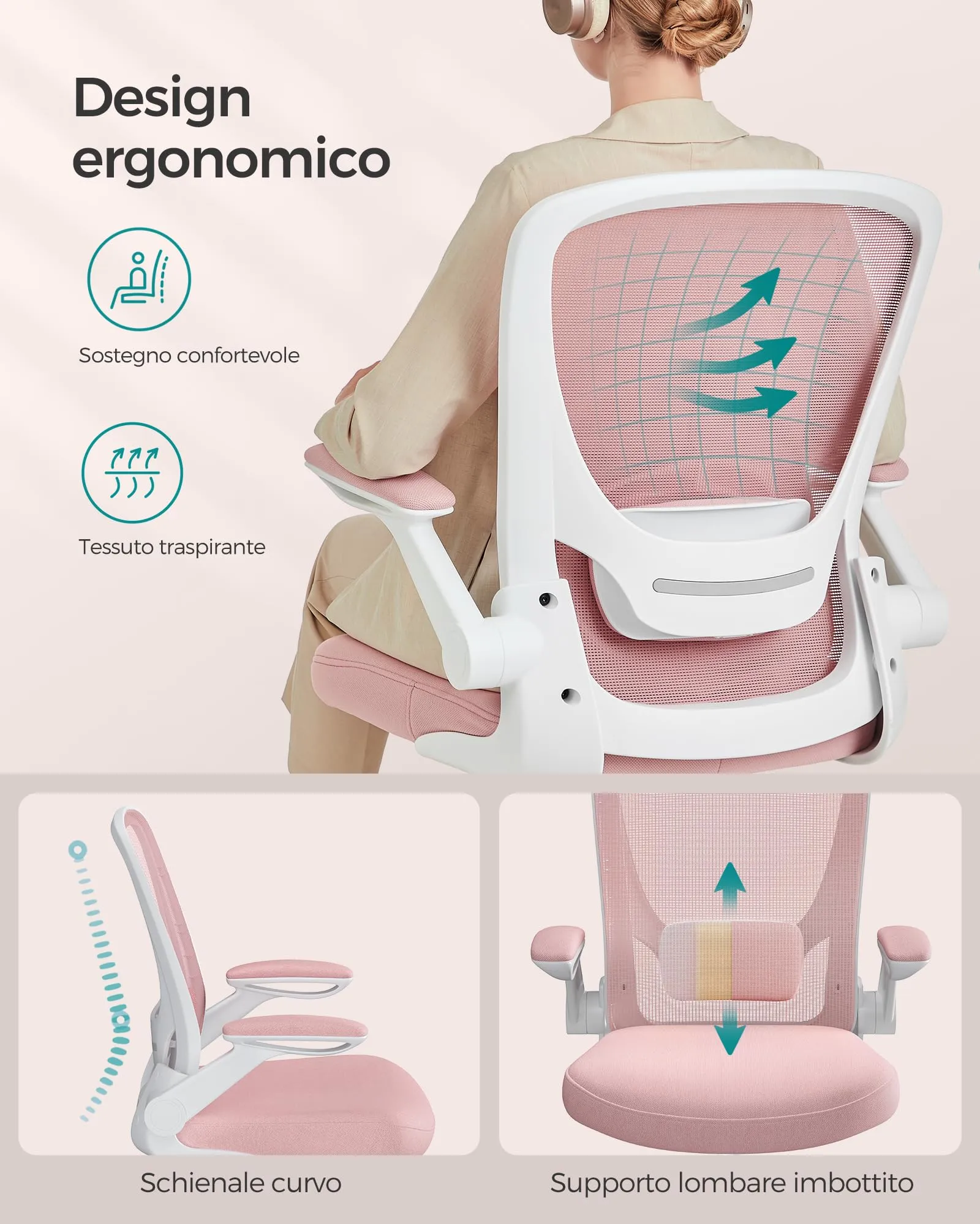 SONGMICS Sedia da Ufficio Ergonomica in Rete, Supporto Lombare, Braccioli Pieghevoli, Rosa Pastello OBN037R01 - immagine 7