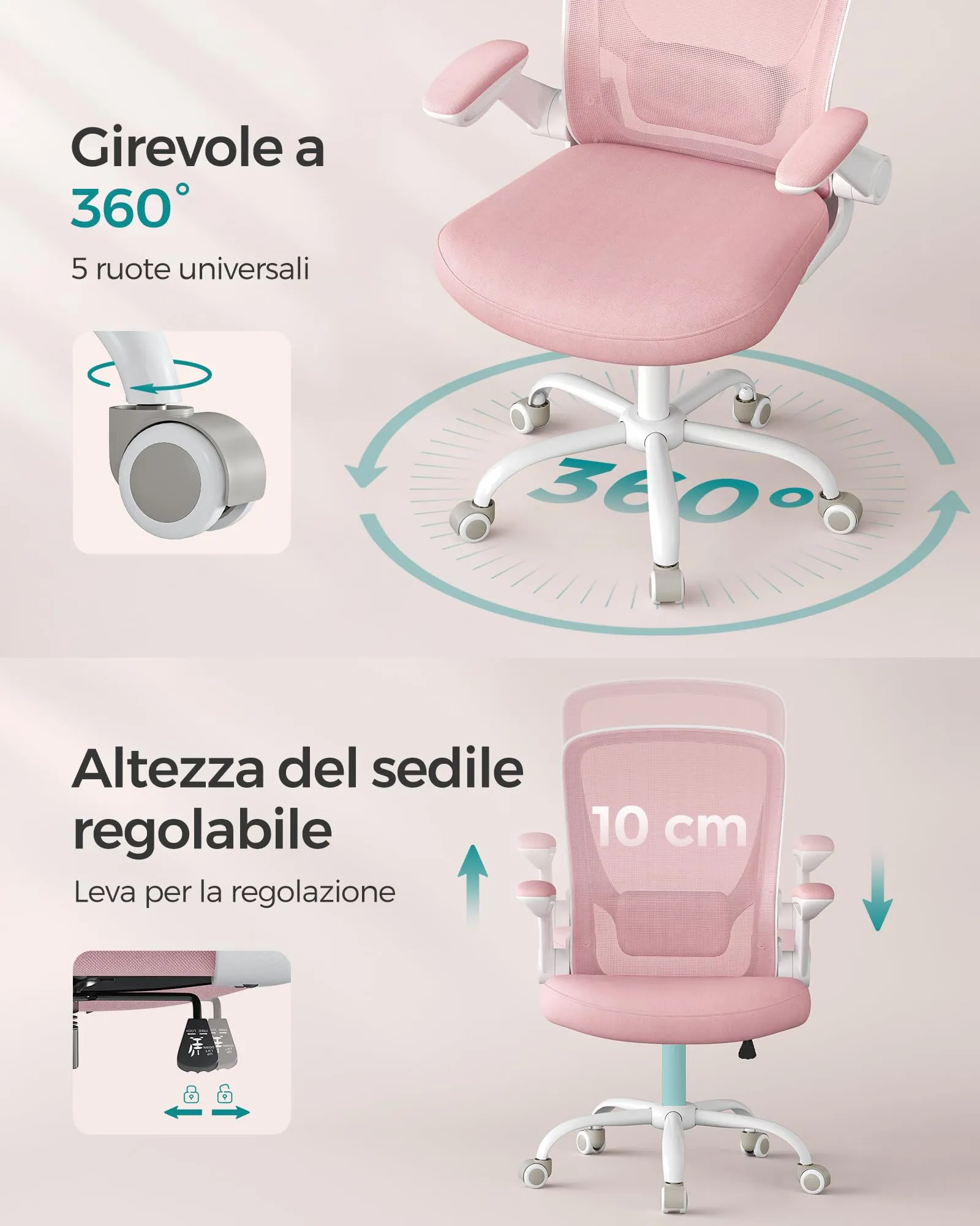 SONGMICS Sedia da Ufficio Ergonomica in Rete, Supporto Lombare, Braccioli Pieghevoli, Rosa Pastello OBN037R01 - immagine 8