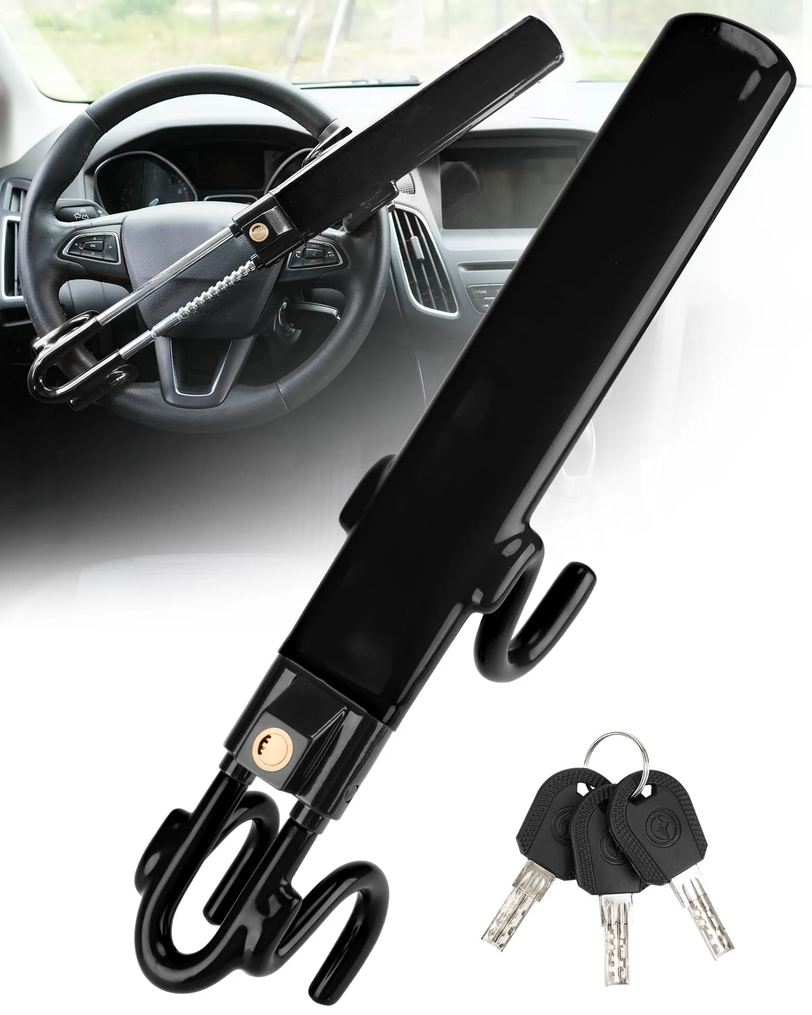 Tevlaphee Blocca Sterzo Automobile Universale, Lunghezza Regolabile, Nero, 3 Chiavi - immagine 2