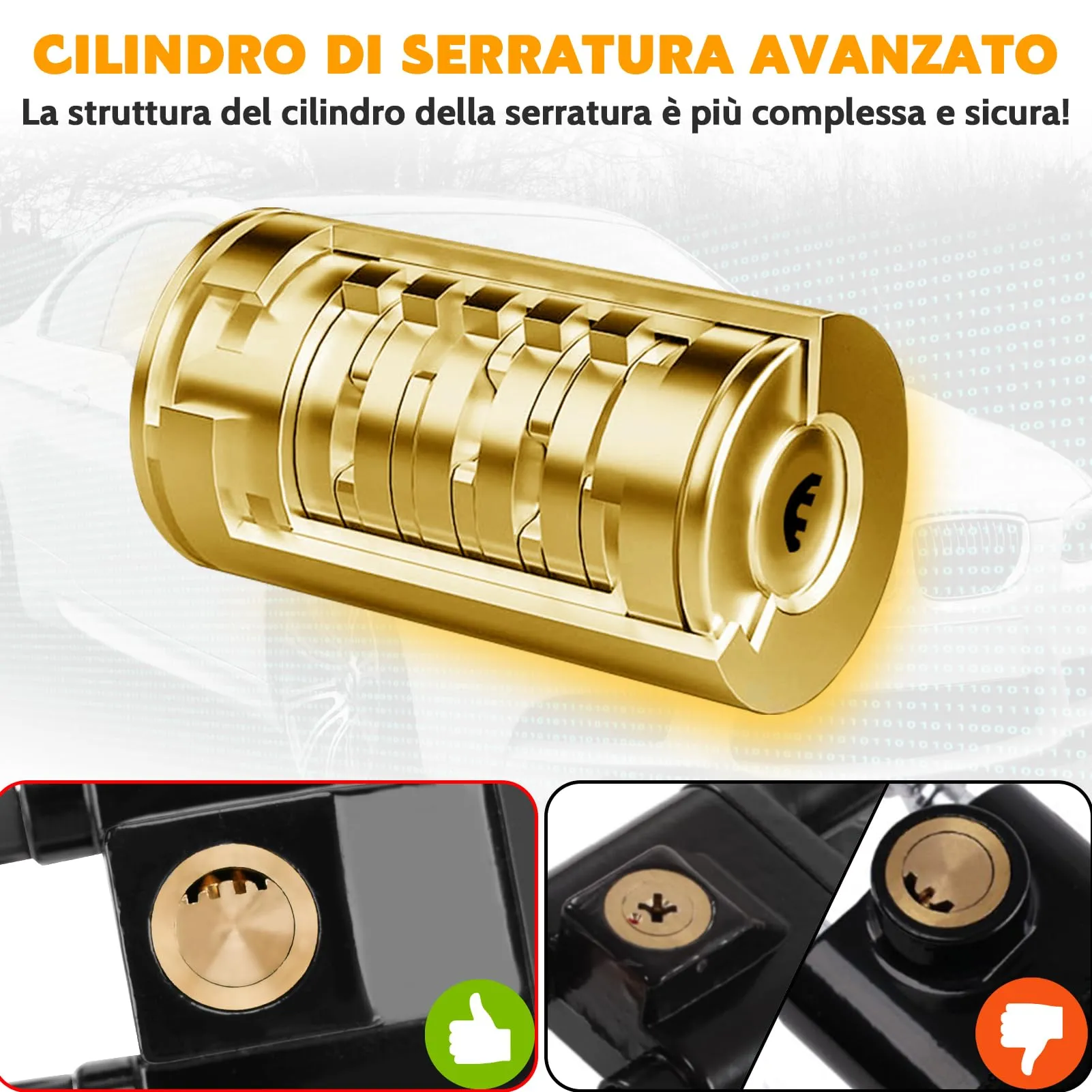 Tevlaphee Blocca Sterzo Automobile Universale, Lunghezza Regolabile, Nero, 3 Chiavi - immagine 3