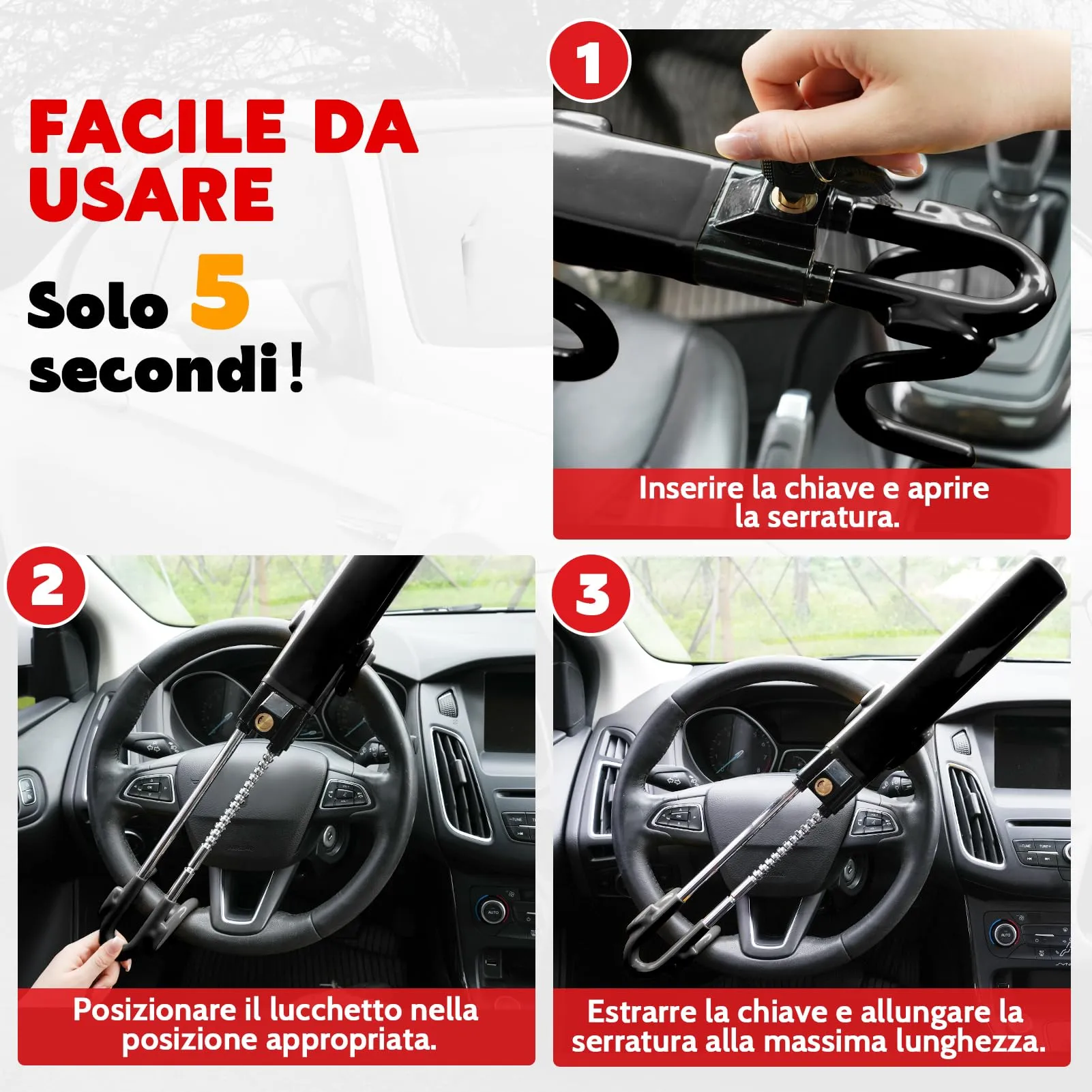 Tevlaphee Blocca Sterzo Automobile Universale, Lunghezza Regolabile, Nero, 3 Chiavi - immagine 6