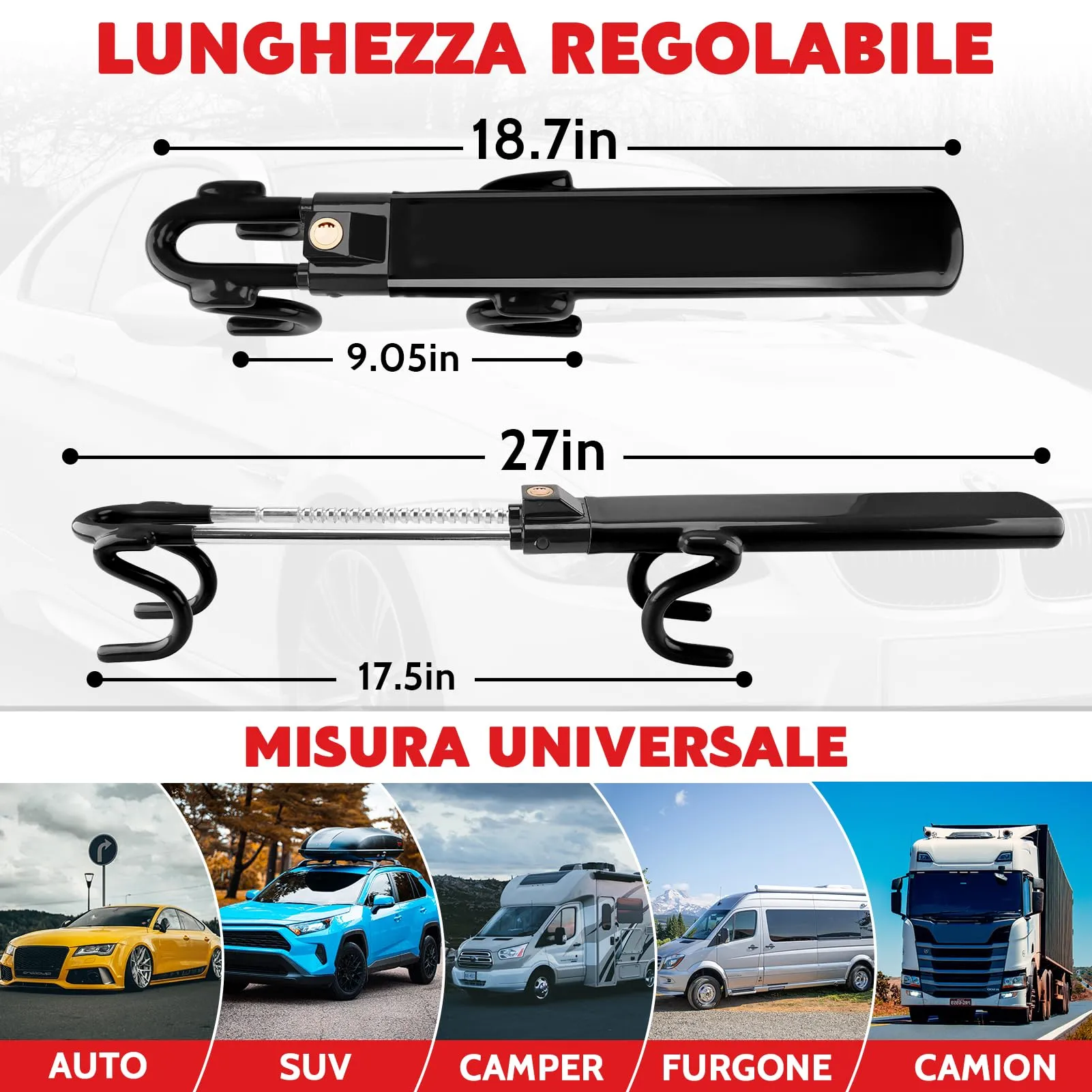 Tevlaphee Blocca Sterzo Automobile Universale, Lunghezza Regolabile, Nero, 3 Chiavi - immagine 7