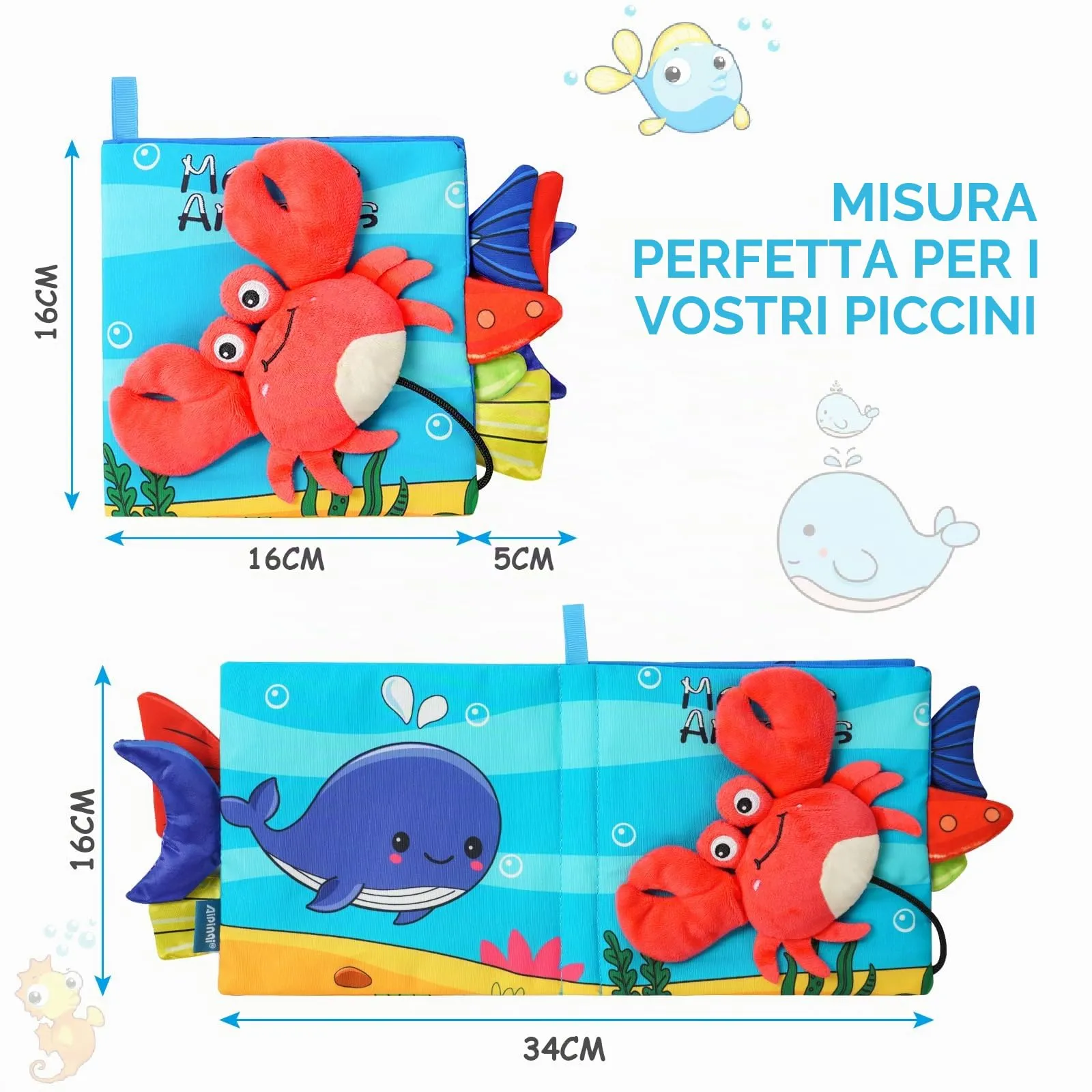 Vicloon Libro di Stoffa Interattivo per Bambini, 4 Pagine, Tessuto Morbido con Suono BB, Giocattolo Educativo Sensoriale, Granchio - immagine 2