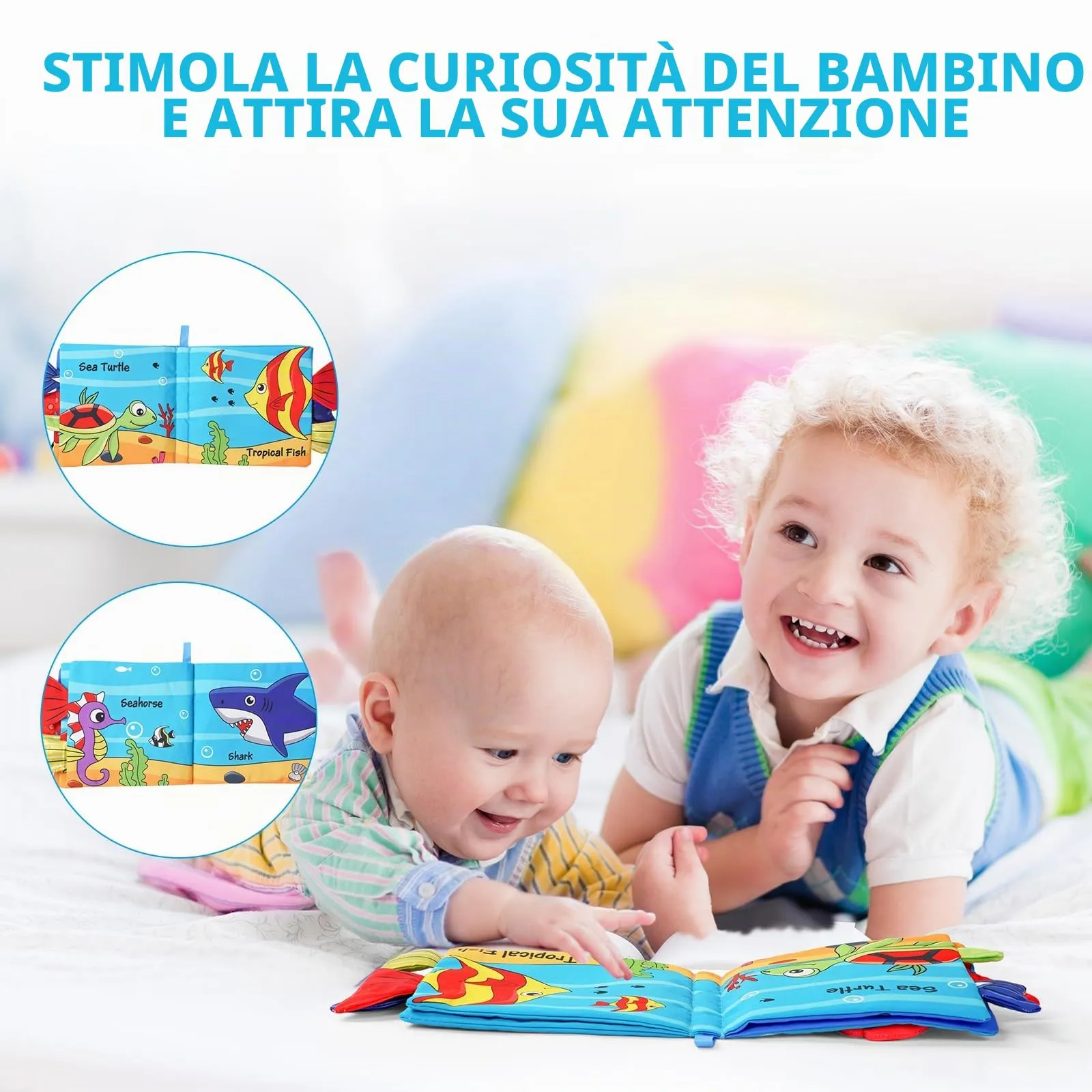 Vicloon Libro di Stoffa Interattivo per Bambini, 4 Pagine, Tessuto Morbido con Suono BB, Giocattolo Educativo Sensoriale, Granchio - immagine 3