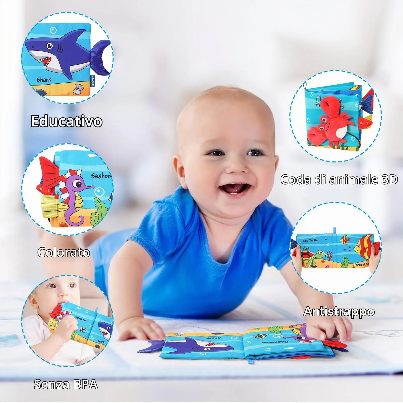 Vicloon Libro di Stoffa Interattivo per Bambini, 4 Pagine, Tessuto Morbido con Suono BB, Giocattolo Educativo Sensoriale, Granchio - immagine 4