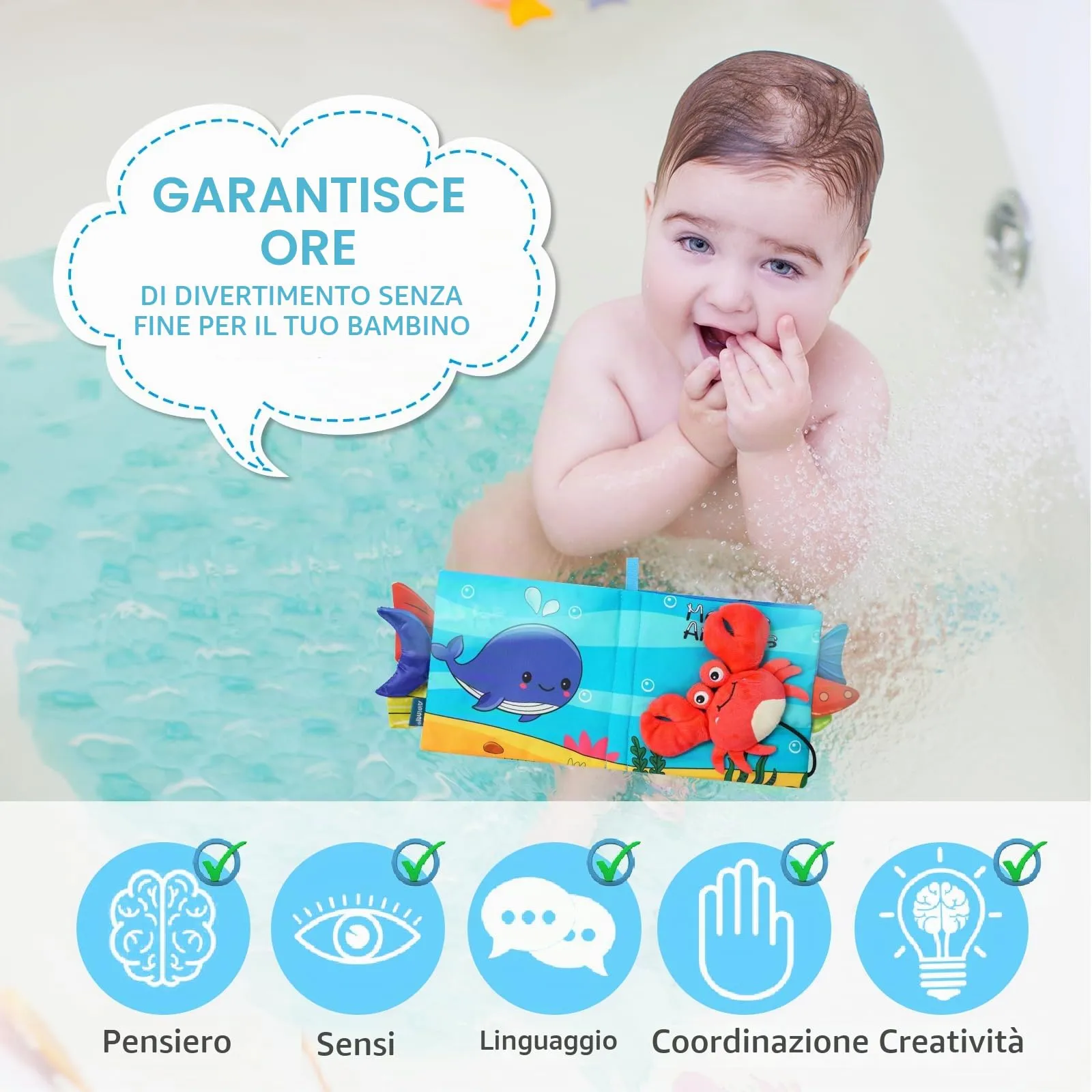 Vicloon Libro di Stoffa Interattivo per Bambini, 4 Pagine, Tessuto Morbido con Suono BB, Giocattolo Educativo Sensoriale, Granchio - immagine 5