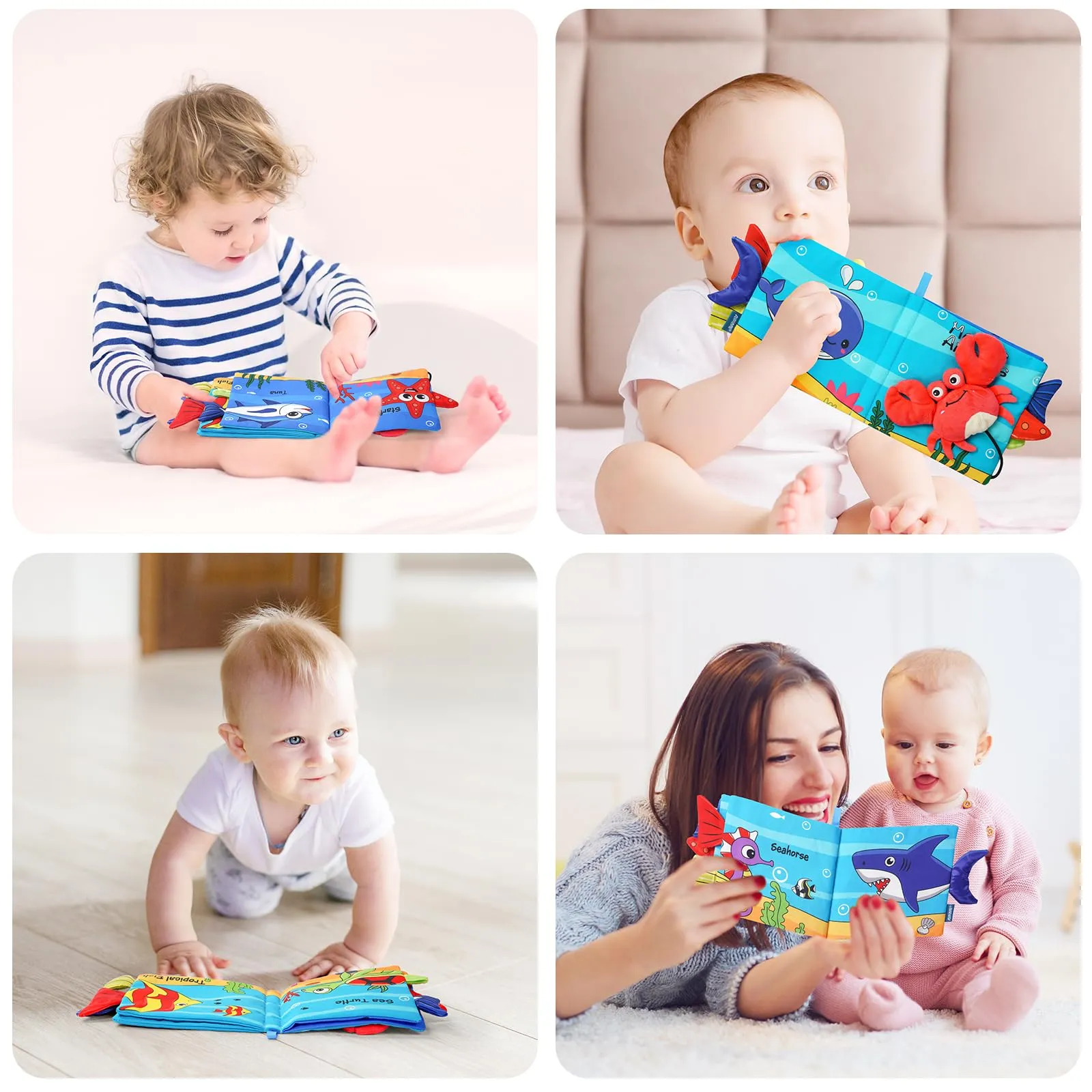 Vicloon Libro di Stoffa Interattivo per Bambini, 4 Pagine, Tessuto Morbido con Suono BB, Giocattolo Educativo Sensoriale, Granchio - immagine 7
