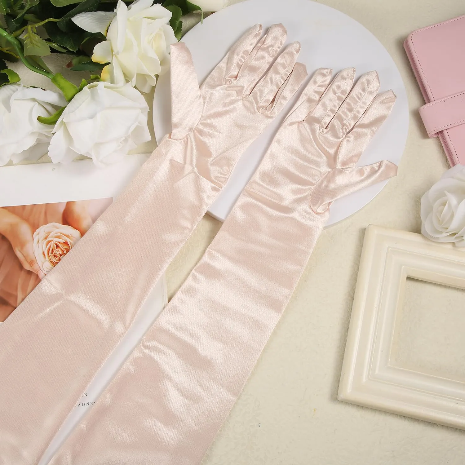 NQEUEPN Guanti Lunghi in Raso da Donna, 52cm, Champagne - immagine 3
