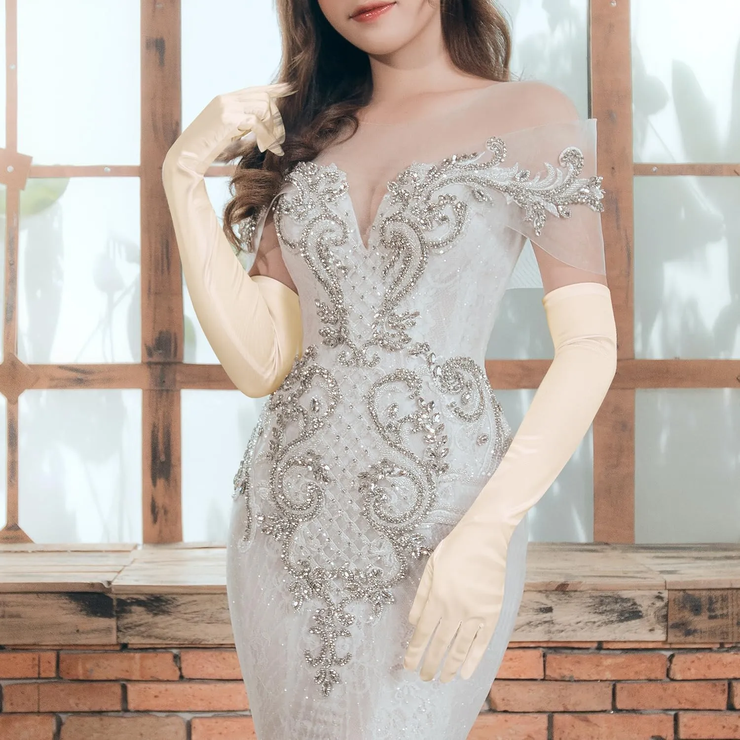 NQEUEPN Guanti Lunghi in Raso da Donna, 52cm, Champagne - immagine 7