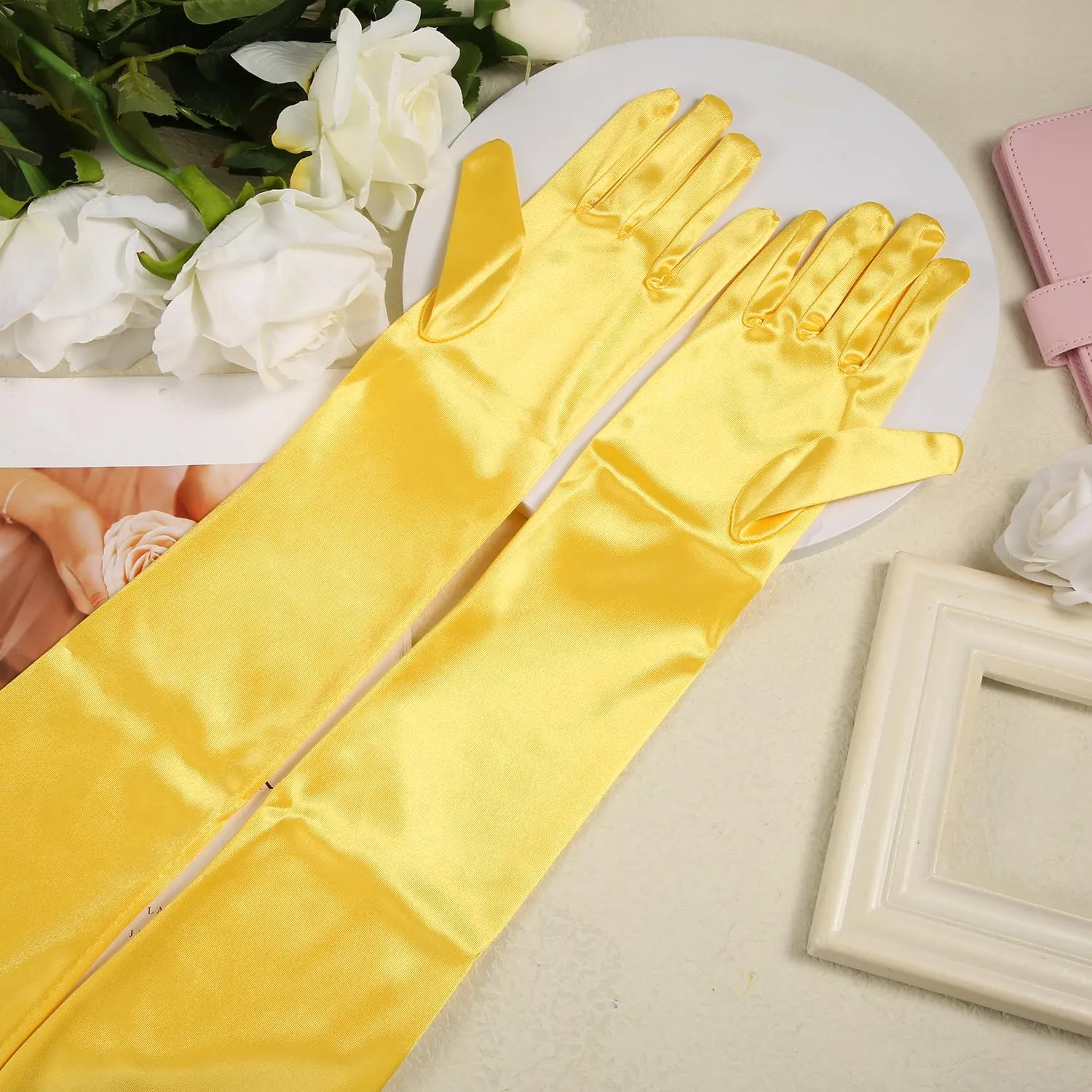 NQEUEPN Guanti Lunghi da Donna in Raso, 52cm, Giallo - immagine 3