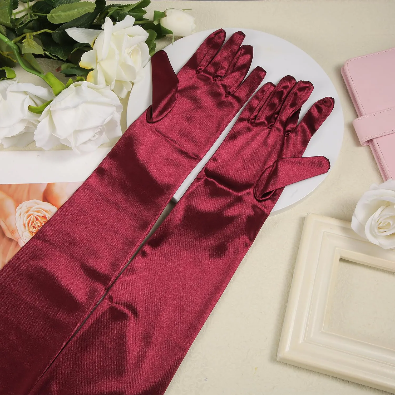 NQEUEPN Guanti Lunghi da Donna in Raso, 52cm, Rosso scuro - immagine 3
