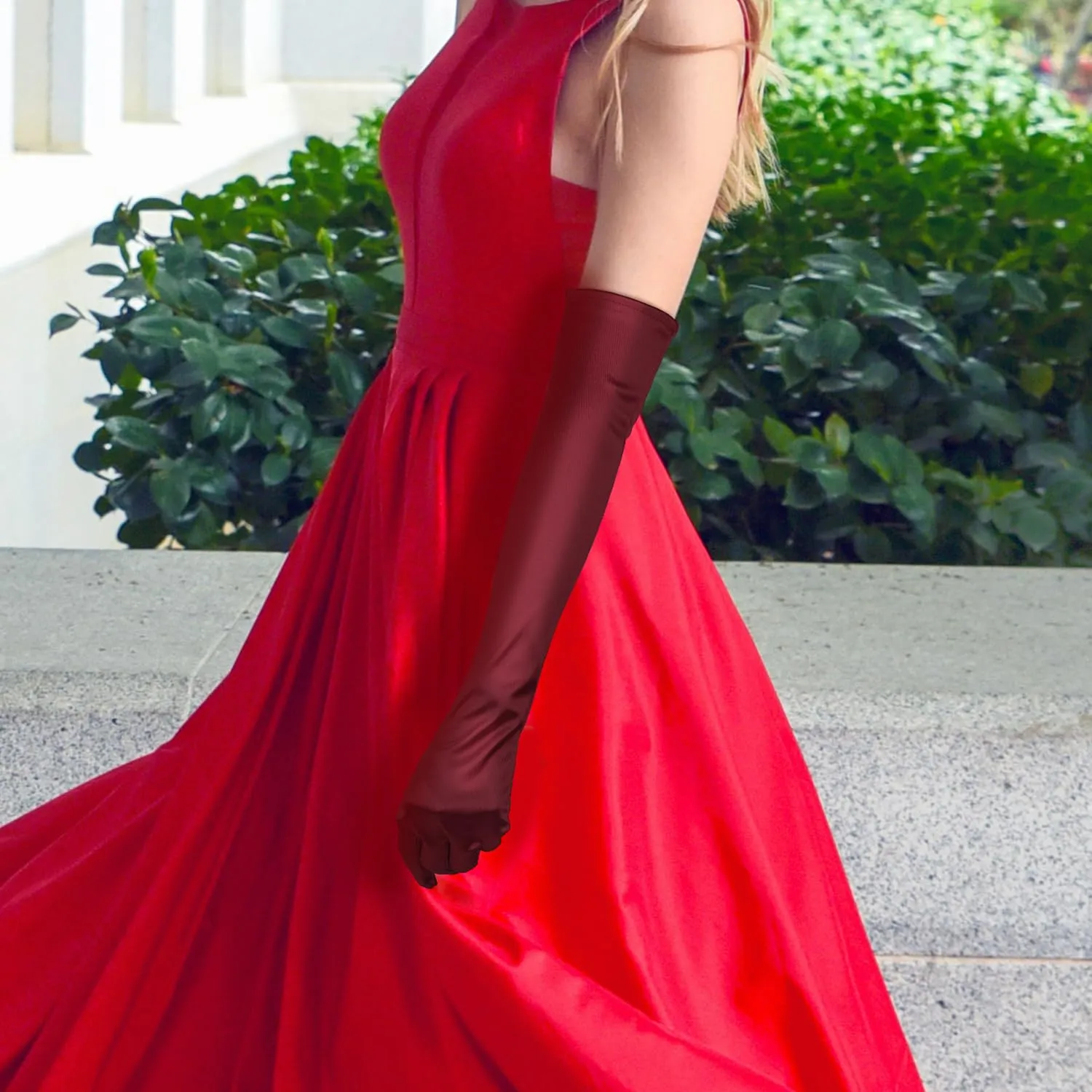 NQEUEPN Guanti Lunghi da Donna in Raso, 52cm, Rosso scuro - immagine 6