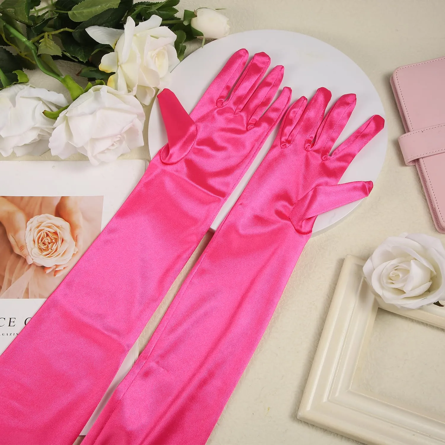 NQEUEPN Guanti Lunghi in Raso da Donna, 52cm, Rosso Rosa - immagine 3