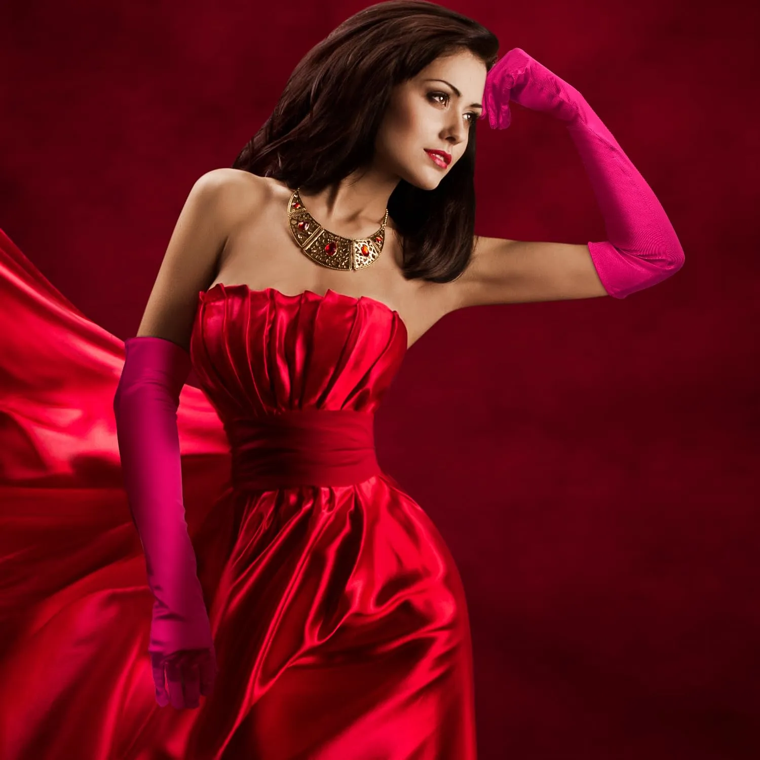 NQEUEPN Guanti Lunghi in Raso da Donna, 52cm, Rosso Rosa - immagine 7