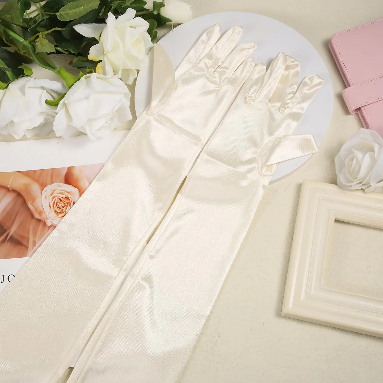 NQEUEPN Guanti Lunghi da Donna in Raso, 52cm, Beige - immagine 3