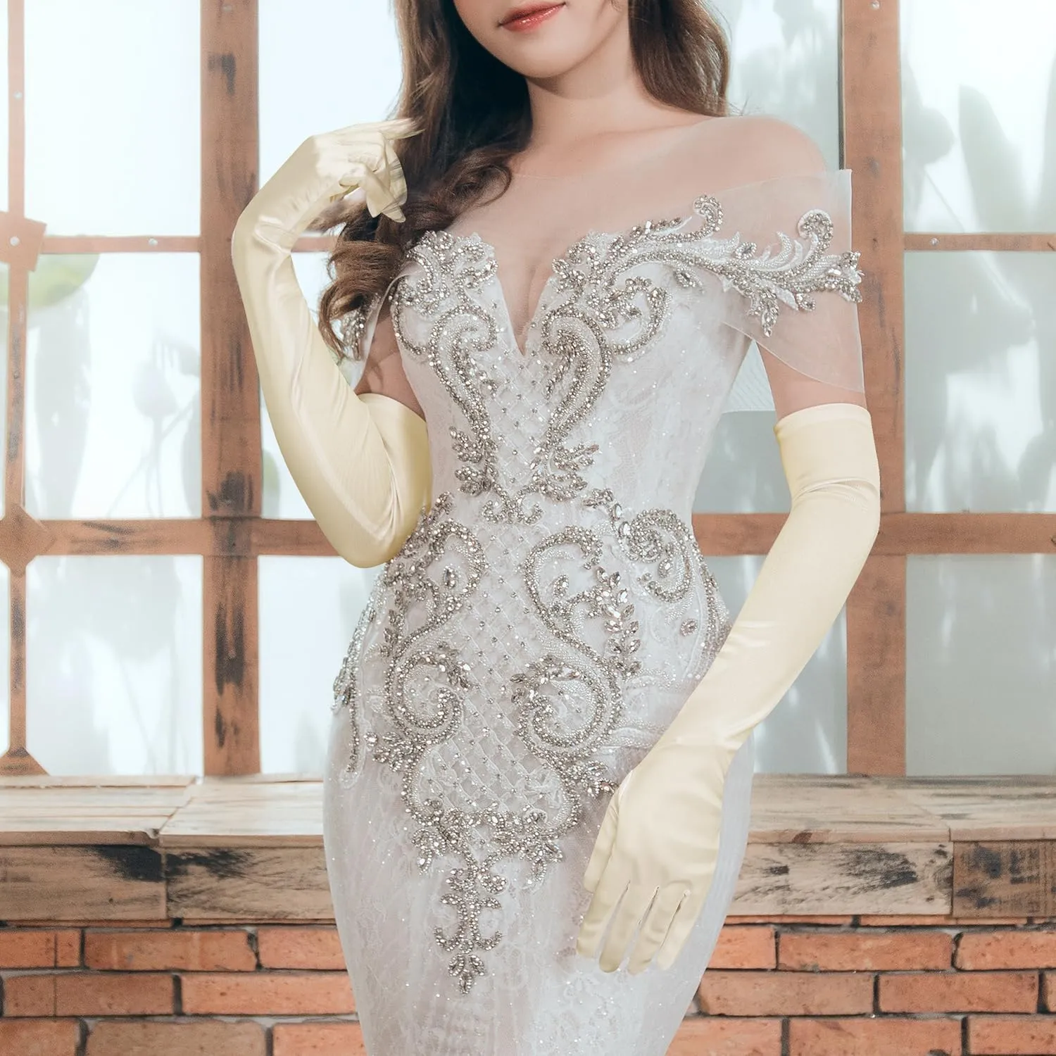 NQEUEPN Guanti Lunghi da Donna in Raso, 52cm, Beige - immagine 7